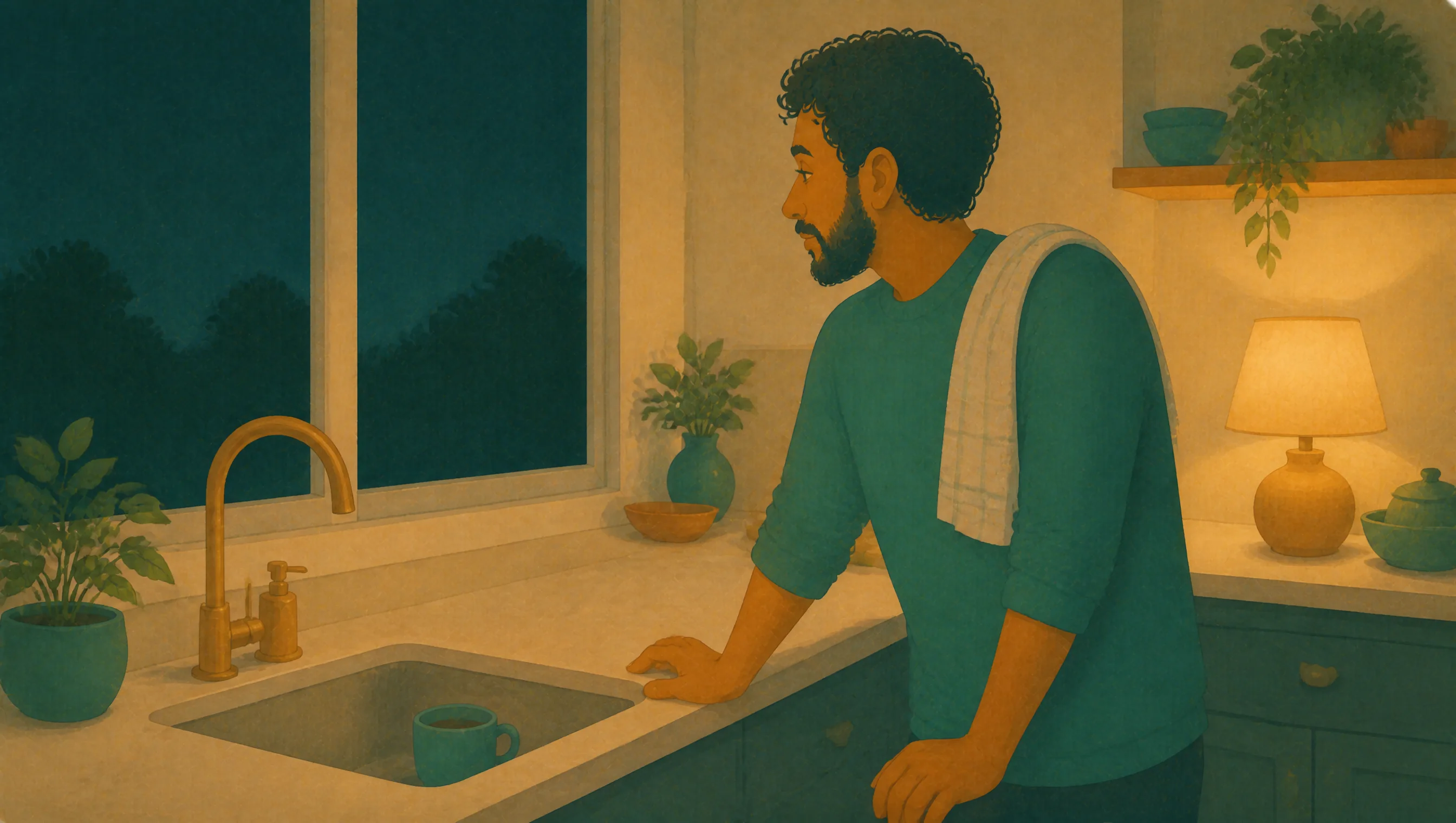A man stands alone at the kitchen sink late at night, a towel over his shoulder and one mug left in the basin, looking out at the dark garden.