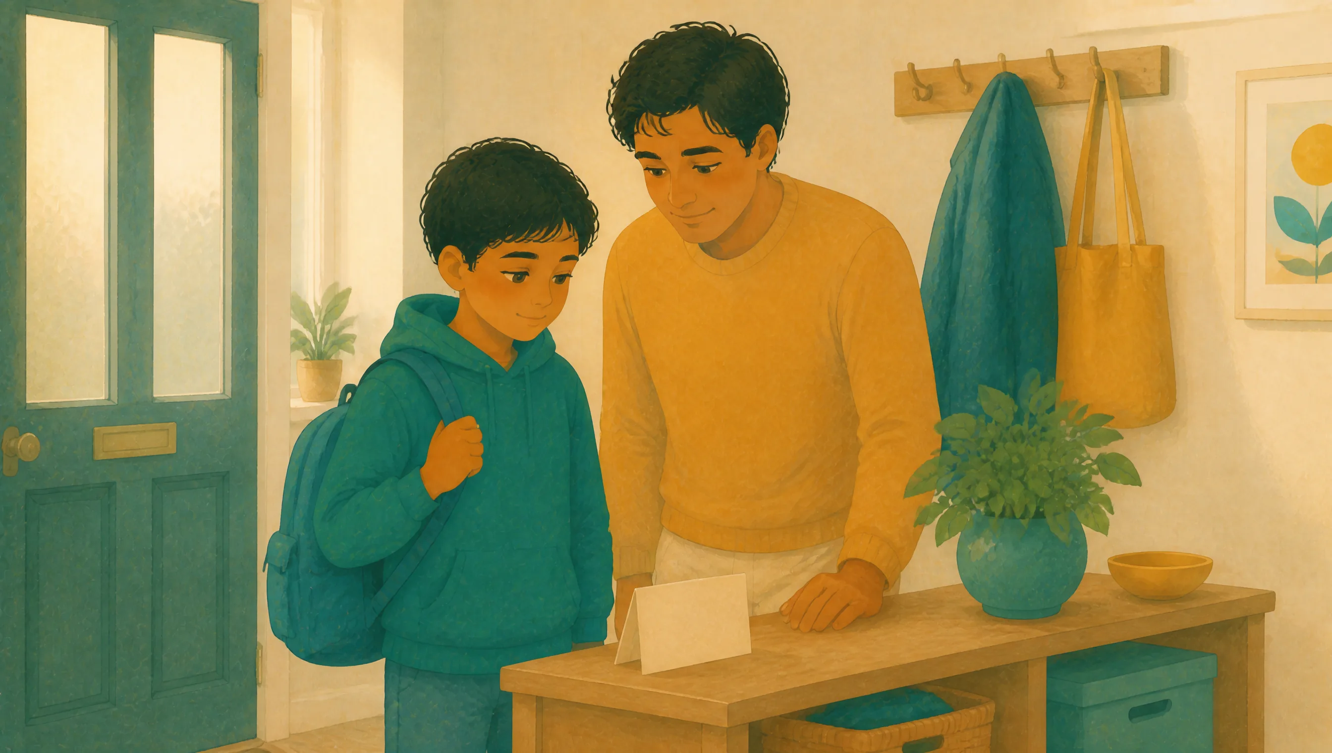A boy wearing a backpack stands beside a man looking at a folded note propped on a hallway table, with a coat rack and potted plant nearby.