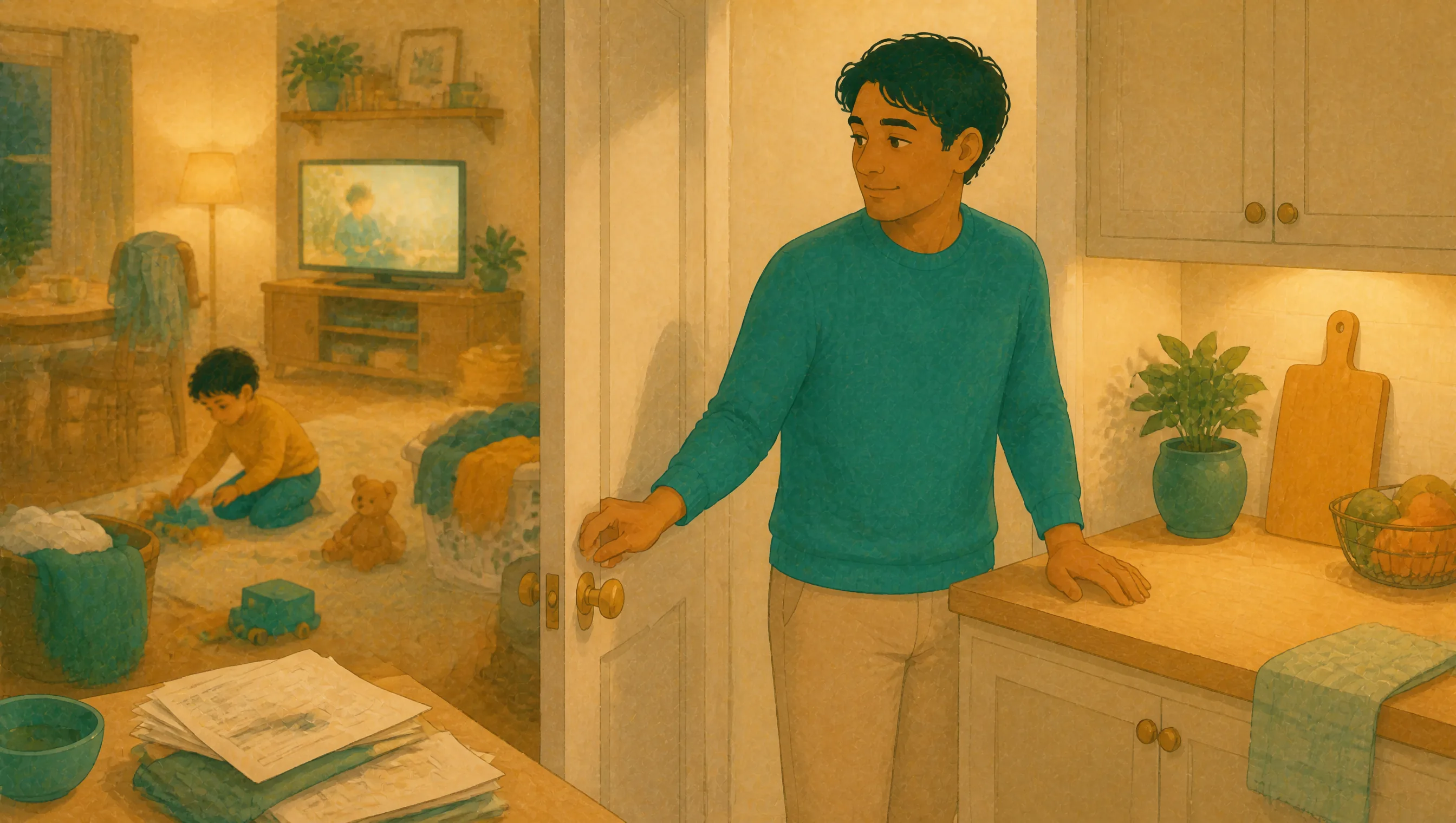 A man stands in a kitchen doorway, one hand on the door and one on a counter, looking towards a boy playing with toys in the next room.