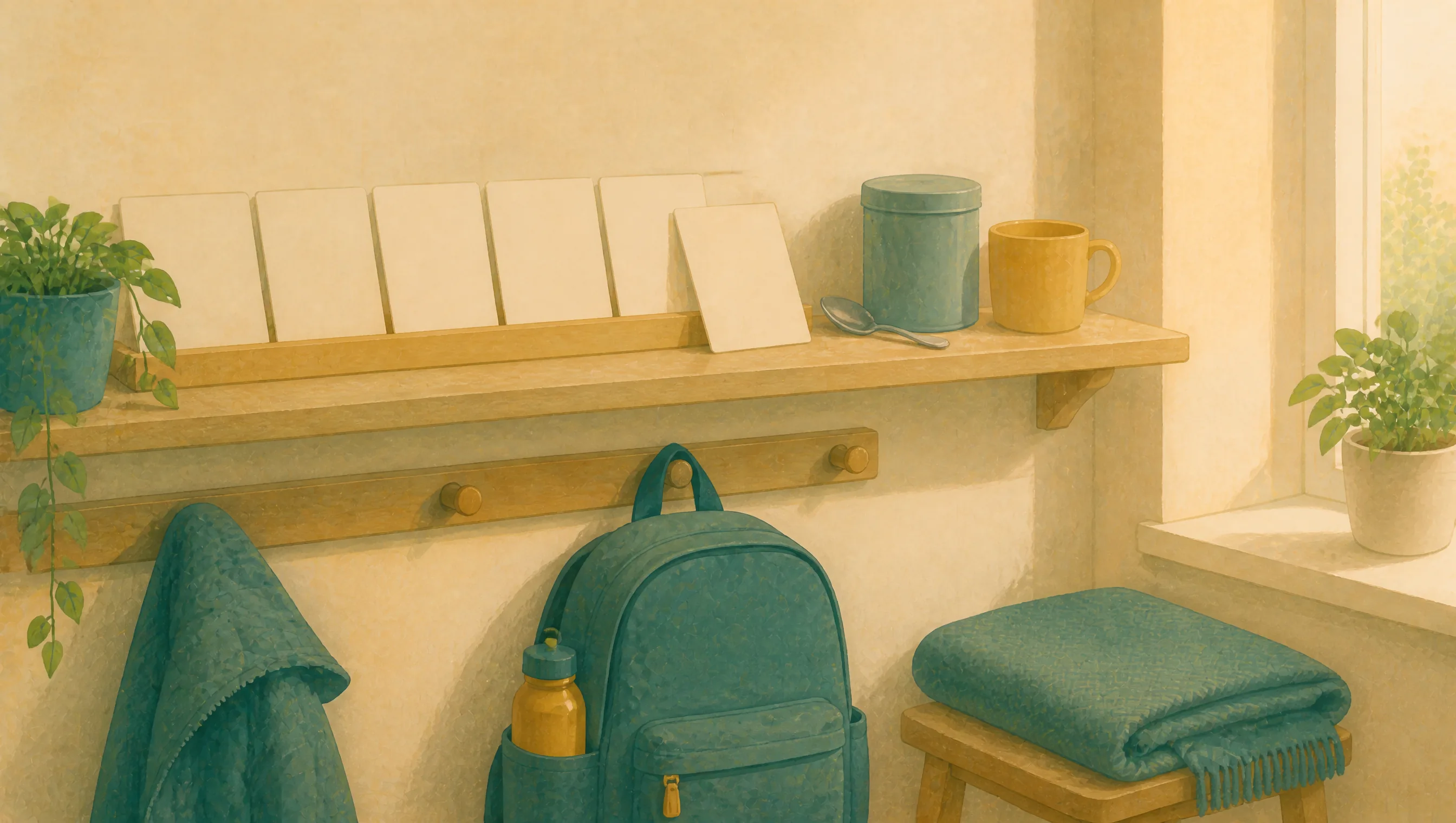A wooden shelf holds blank cards in a row, a teal storage jar, a gold mug and a spoon, above hooks holding a jacket and a backpack.
