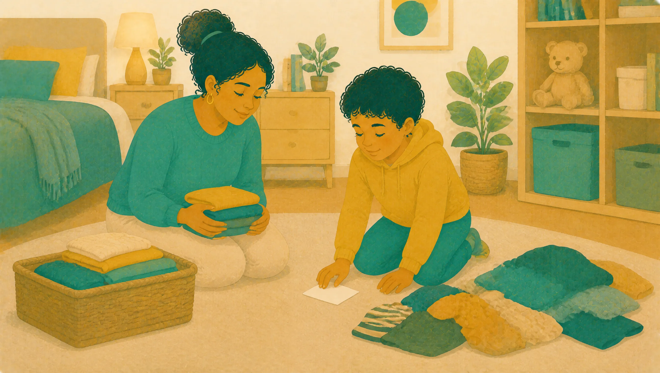 A parent and child kneel together on a bedroom floor sorting laundry into a basket, with a separate pile left unfolded nearby.