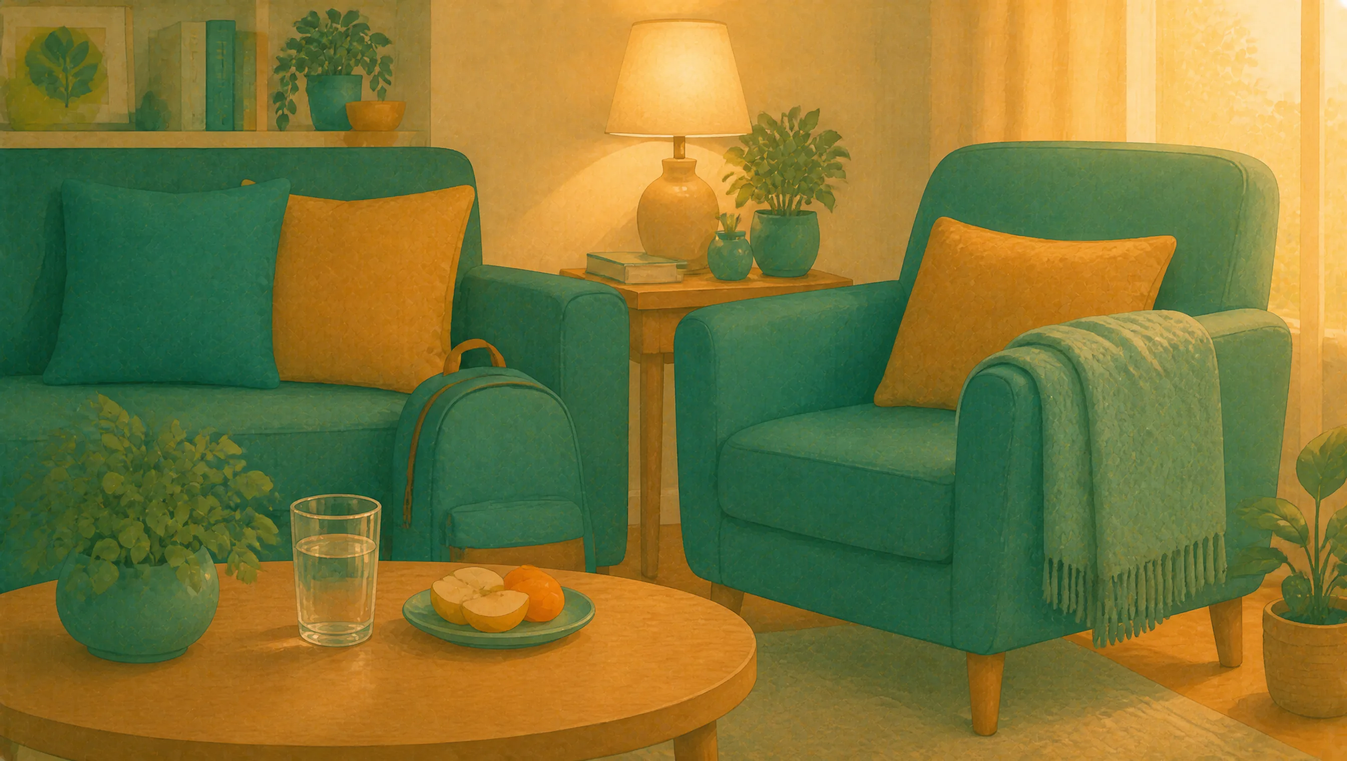 A school bag leans against an armchair beside a low table set with a glass of water and a plate of sliced fruit, in a quiet empty living room.