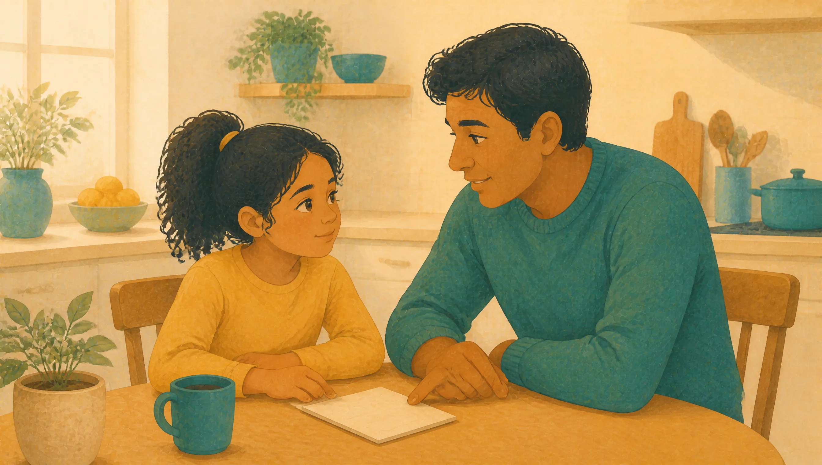 A man and a girl seated together at a kitchen table, the man pointing to a blank notebook page while looking towards the girl, who returns his gaze.