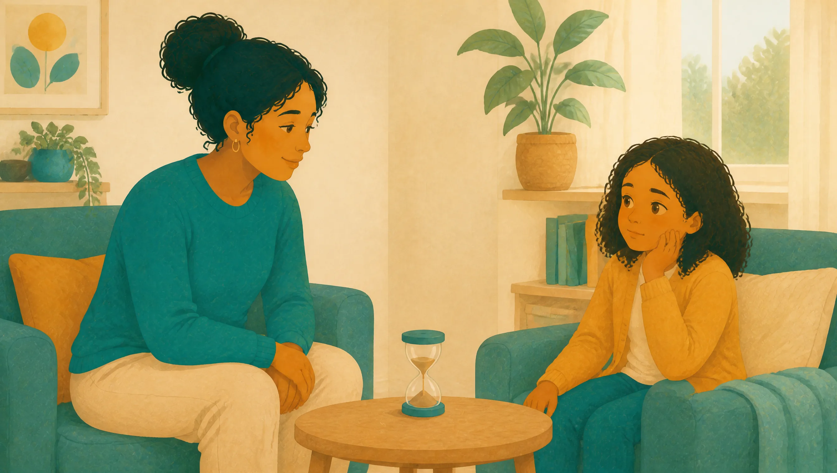 A woman and a girl sit in armchairs facing each other, an hourglass on a small table between them, the girl resting her chin on her hand.