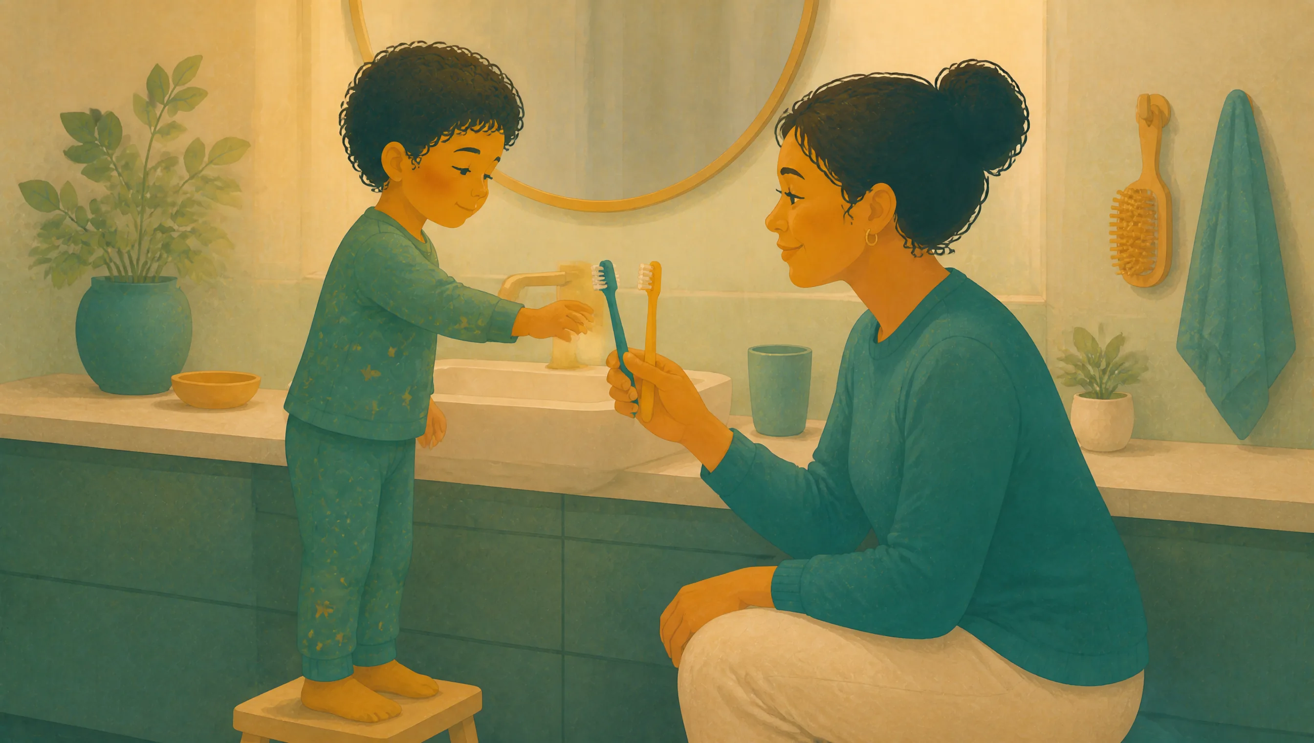 A woman kneeling beside a child who stands on a step stool at a bathroom sink, holding out two toothbrushes as the child reaches towards the tap.