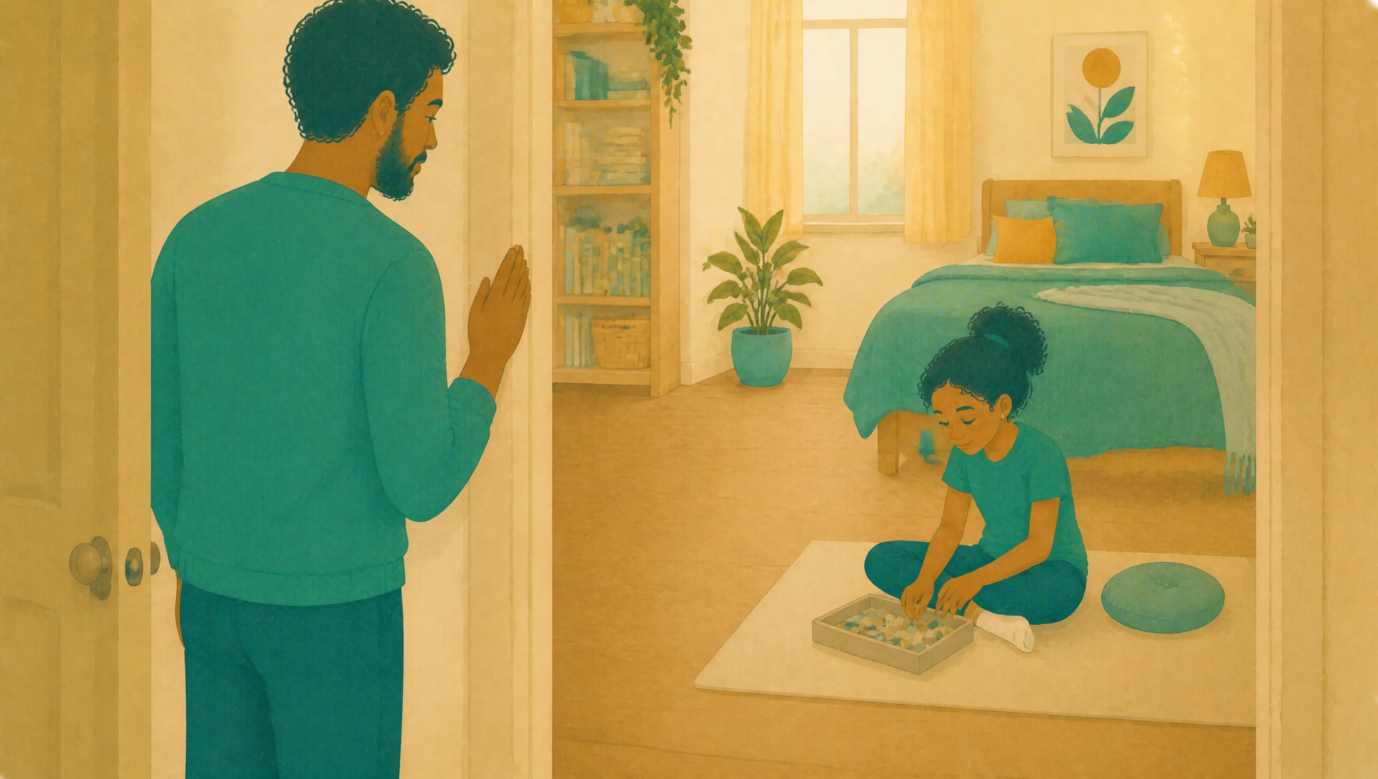 A parent pauses in a bedroom doorway with a hand resting on the frame, while his daughter sits nearby on the floor sorting small stones into a tray.