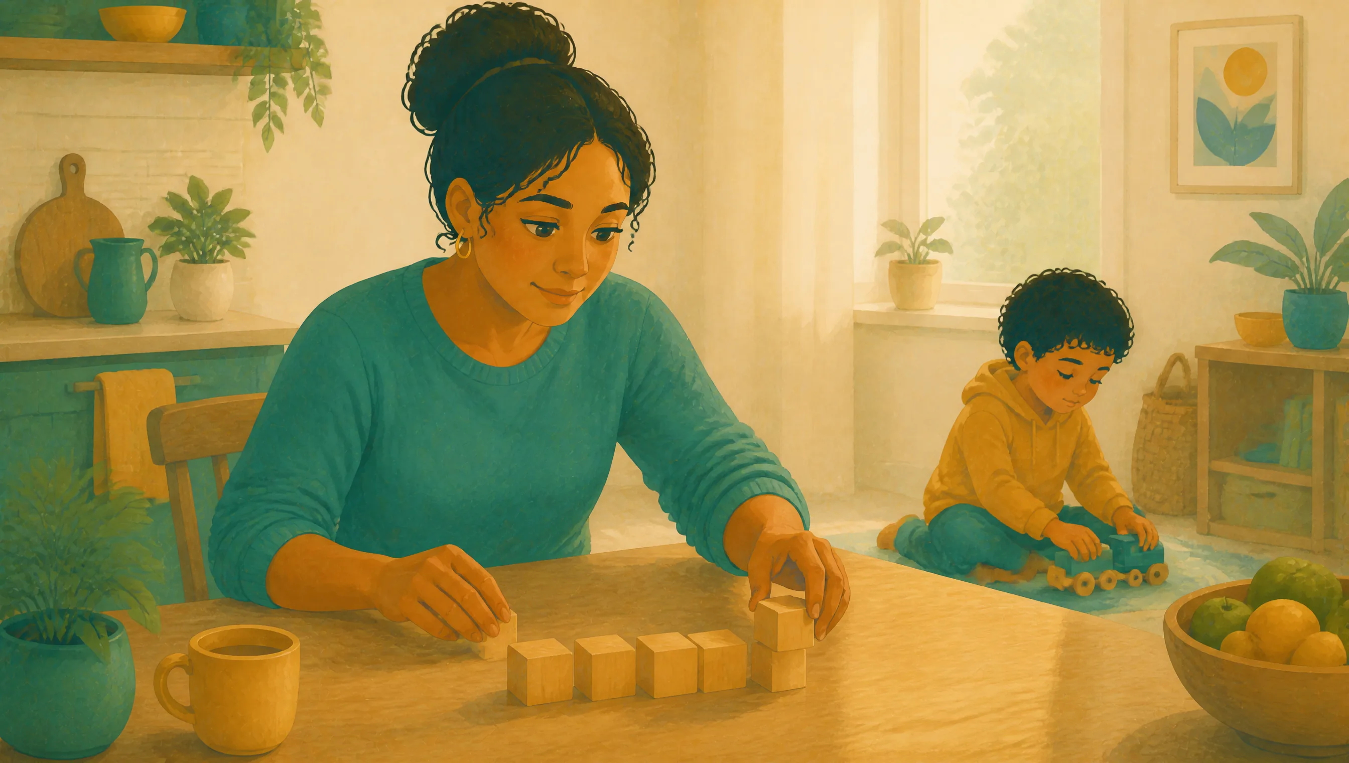 Wooden blocks stacked in a row on a kitchen table, a woman arranging them while a young boy plays with a toy train on a rug nearby.