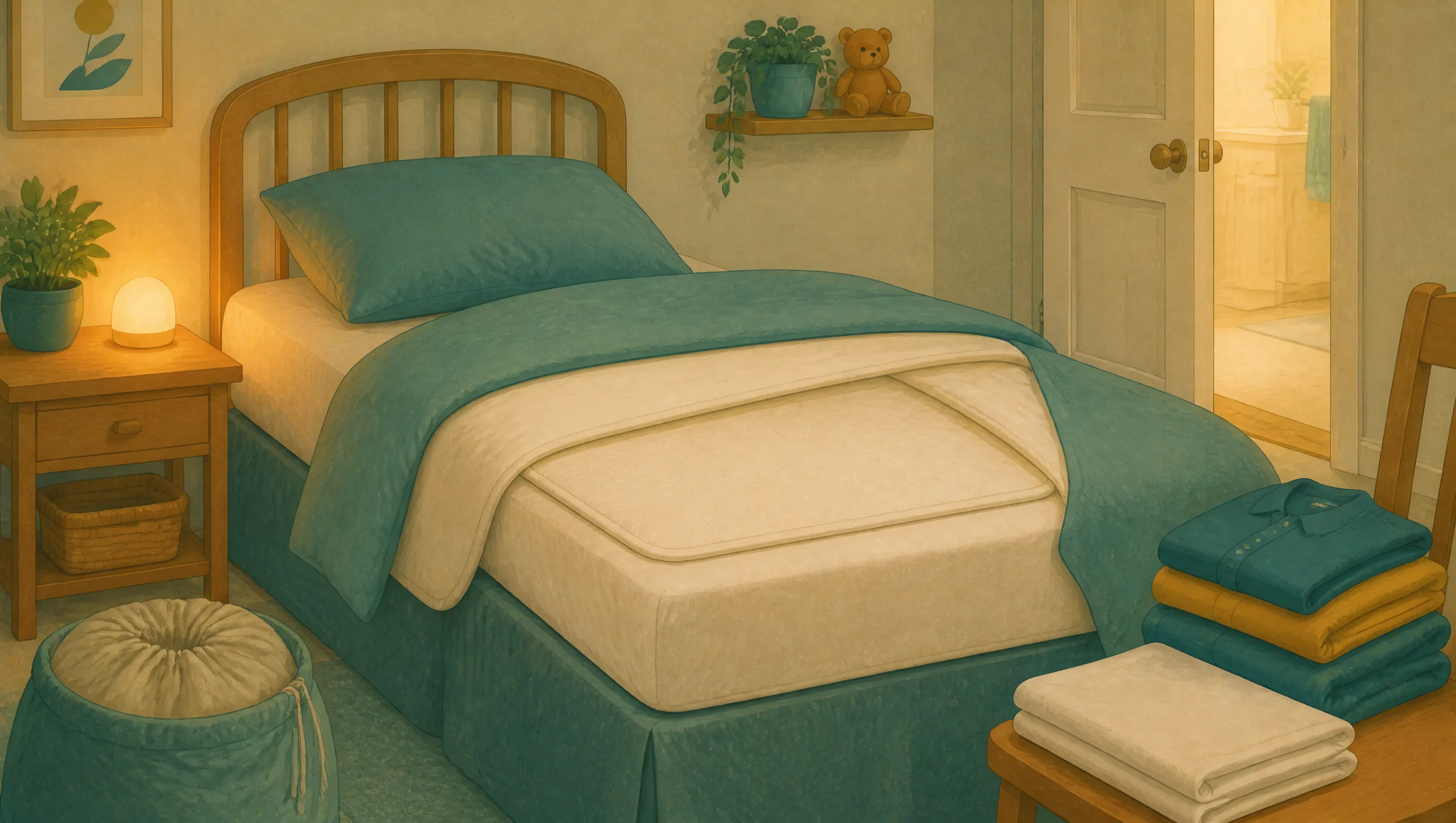 A single bed with a teal quilt and a folded cream throw, a lit bedside lamp, a teddy bear on a shelf, and a door open to a bathroom.