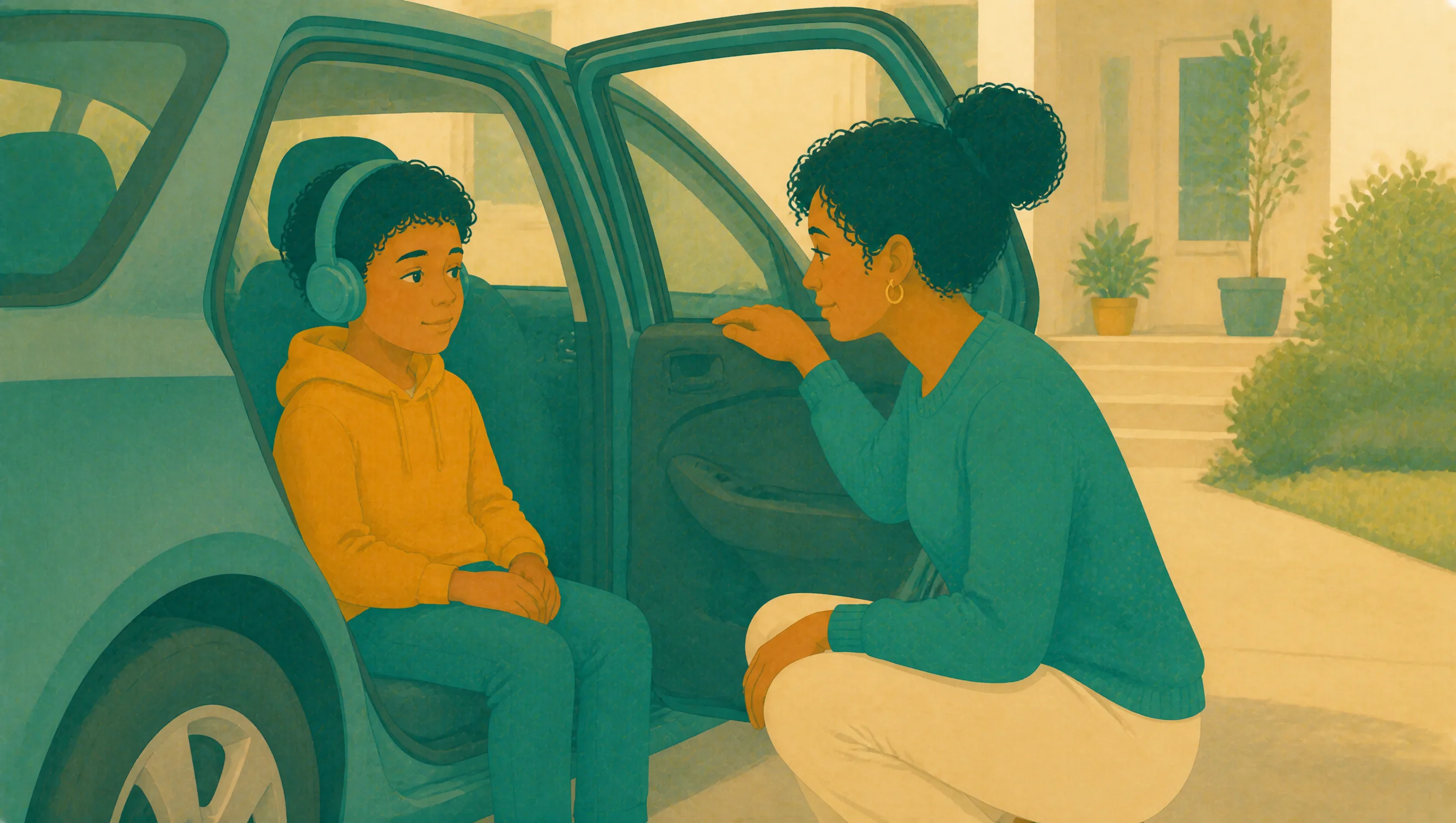 A mother crouches at the open car door to talk with her son, who is sitting in the back seat wearing headphones.