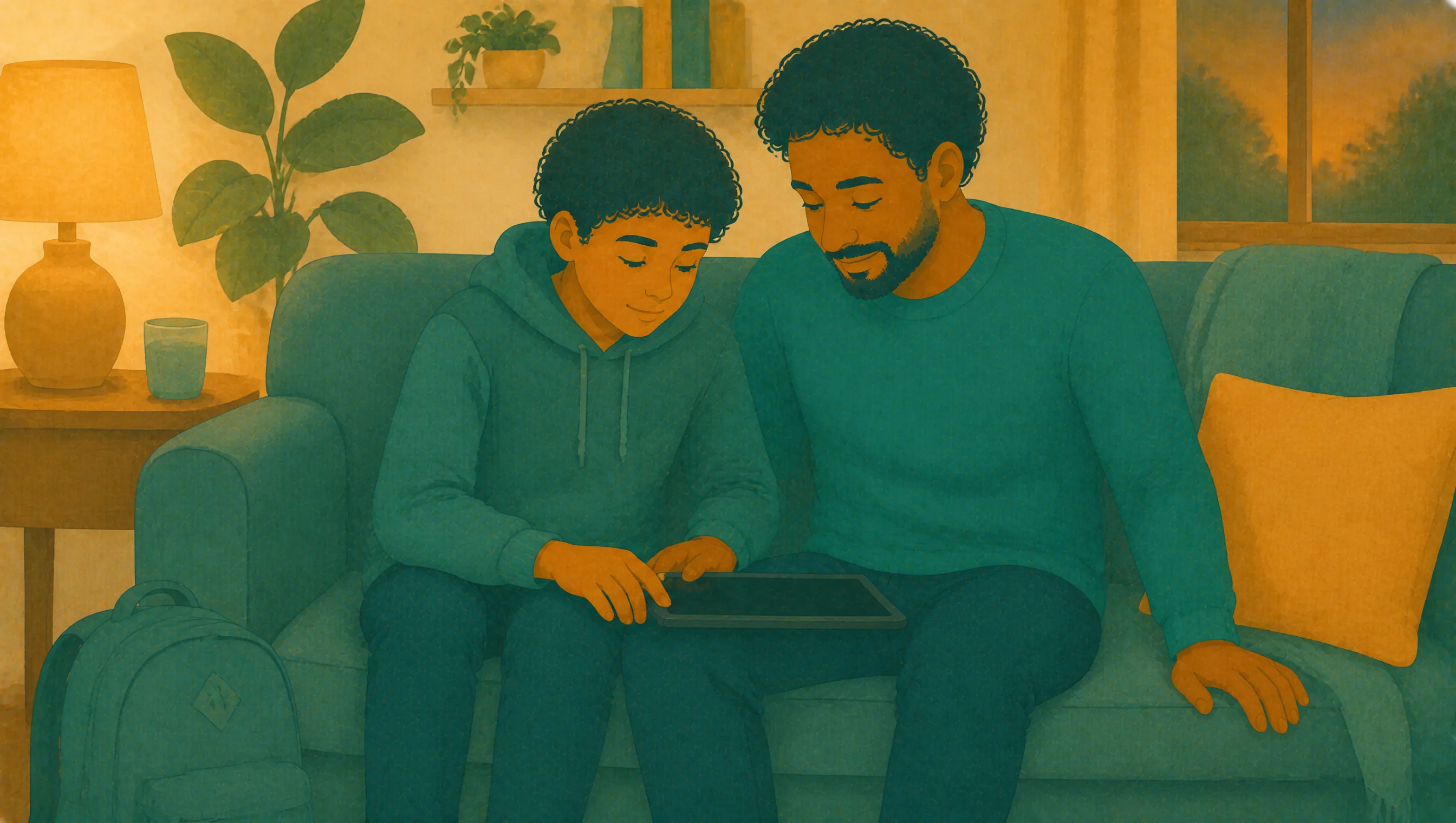 A father sits with his son on the sofa looking at a tablet together, a school bag on the floor beside them, before any work has begun.