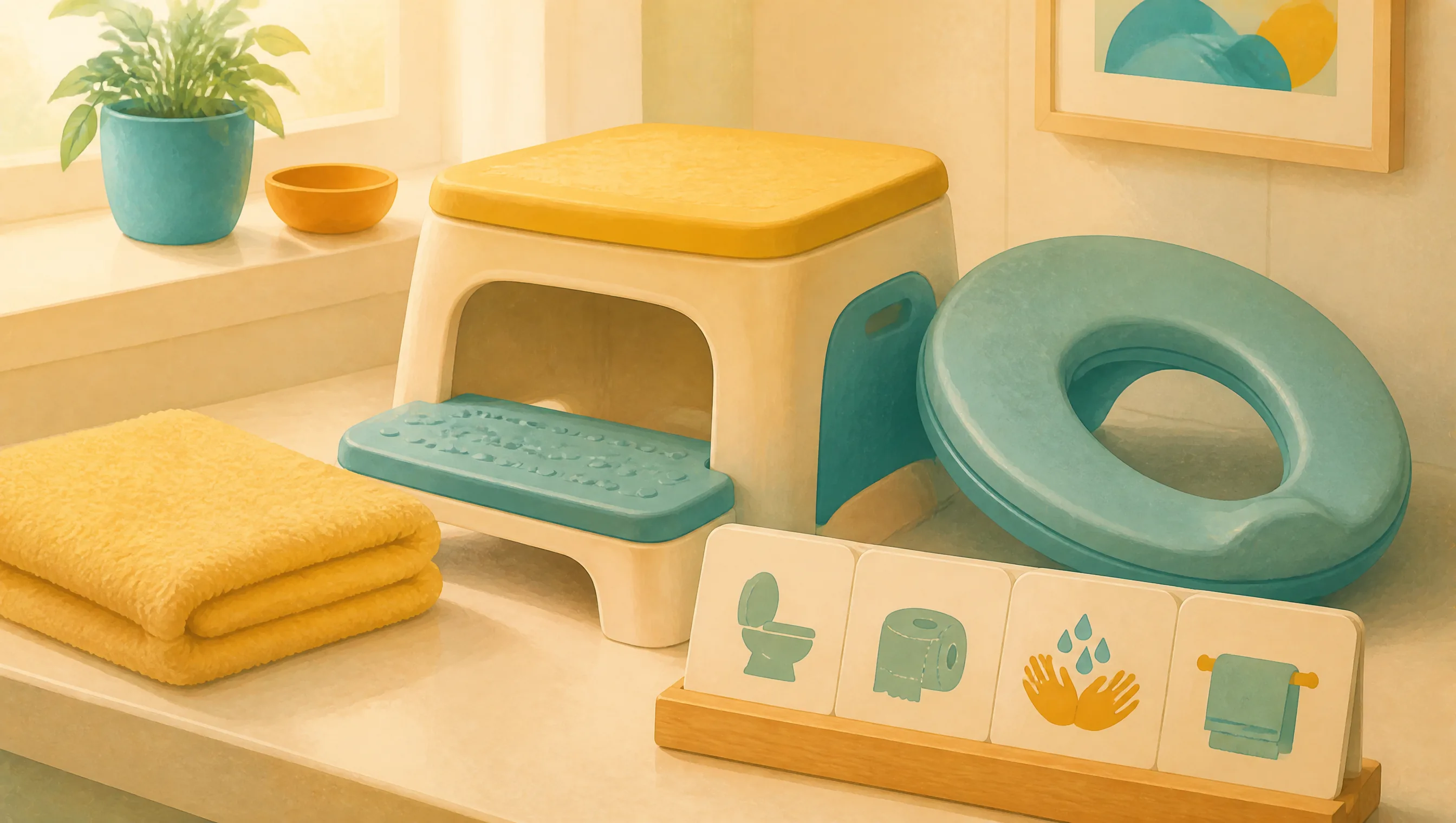 A yellow and teal step stool, a round padded toilet seat insert, a folded towel and four picture cards showing toilet, paper, handwashing and towel routines on a windowsill.