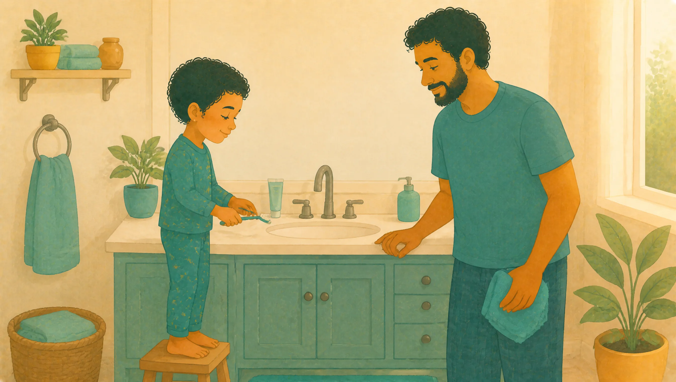 A young boy stands on a step stool brushing his teeth at the bathroom sink while his father stands beside him holding a towel.