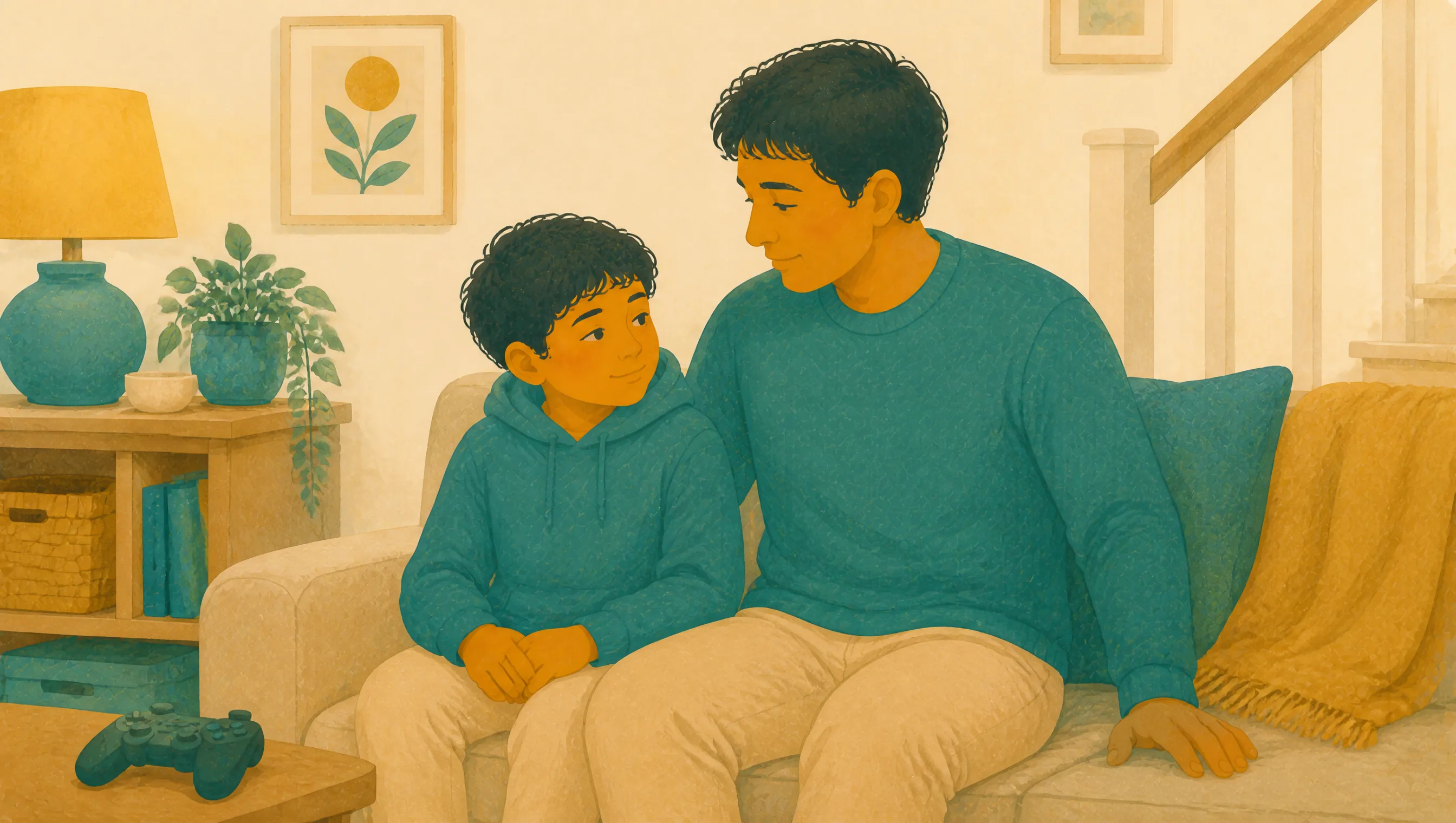A man and a boy sit together on a sofa, the boy leaning into his side, both in teal jumpers, looking at each other in a softly lit living room.