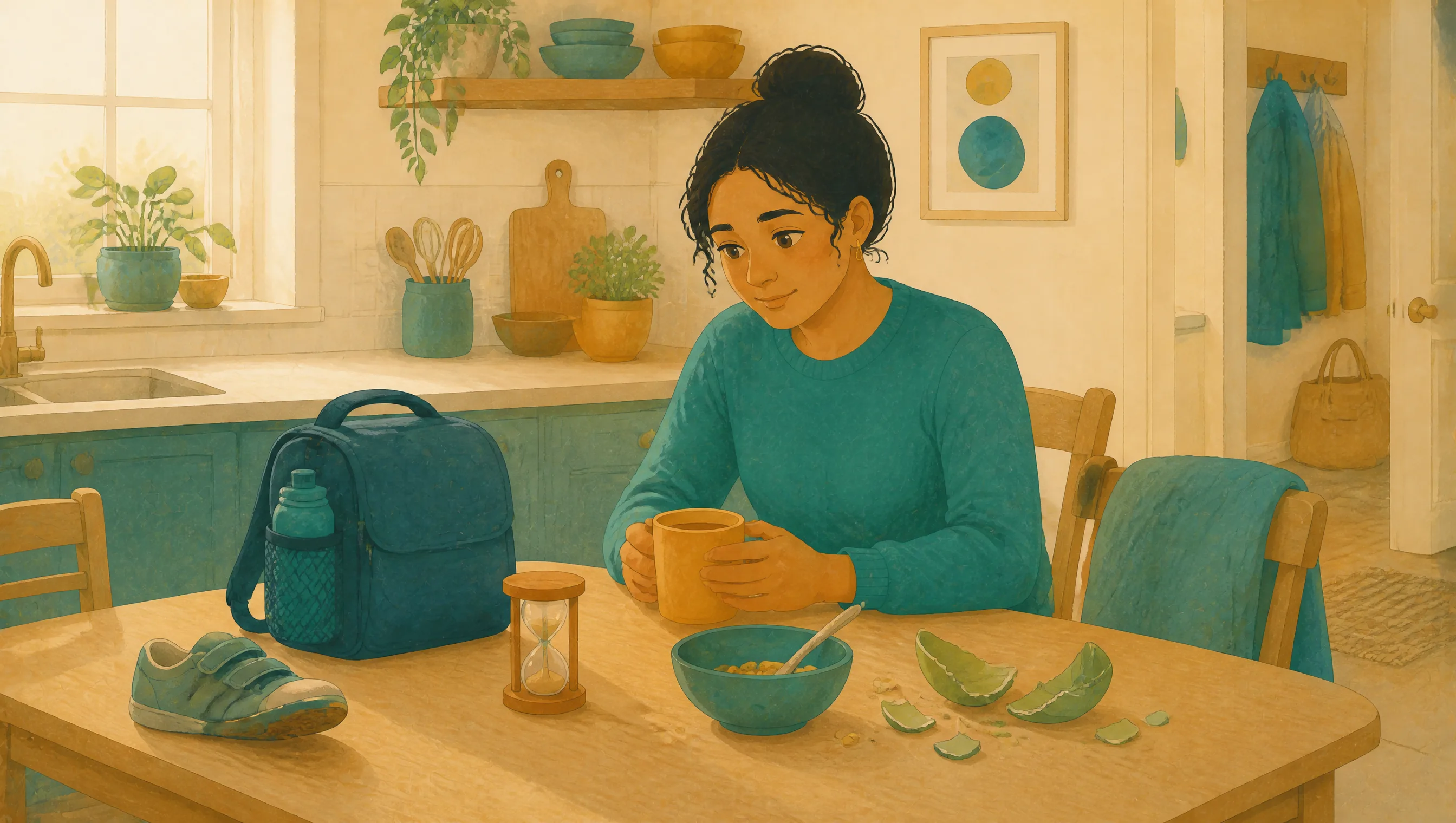 A girl sits alone at a kitchen table with a mug, a backpack, a sand timer, a shoe, a bowl of cereal and broken shell pieces nearby.