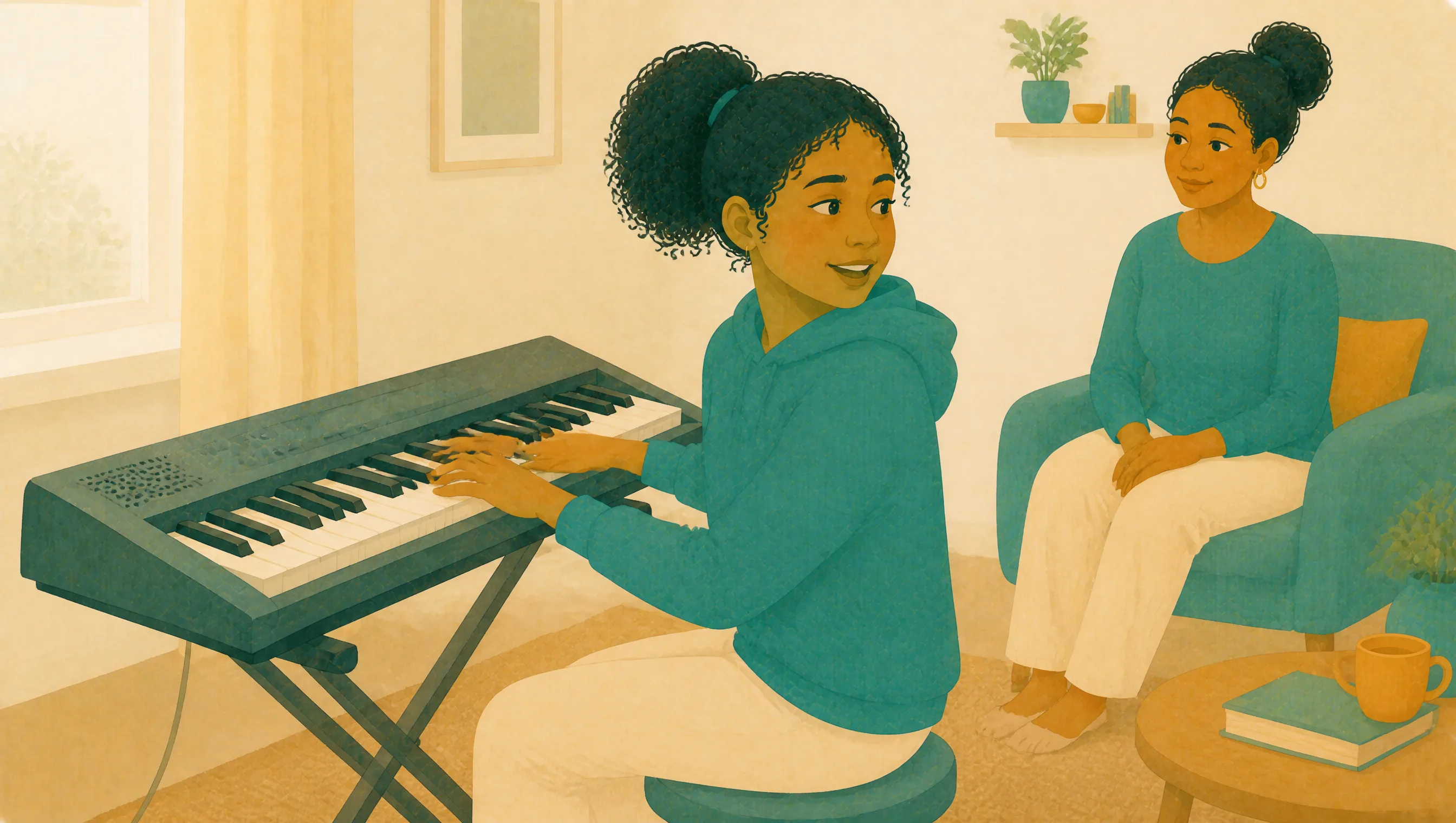 A girl plays an electric keyboard while her mother sits nearby listening, the girl animated and plainly herself.