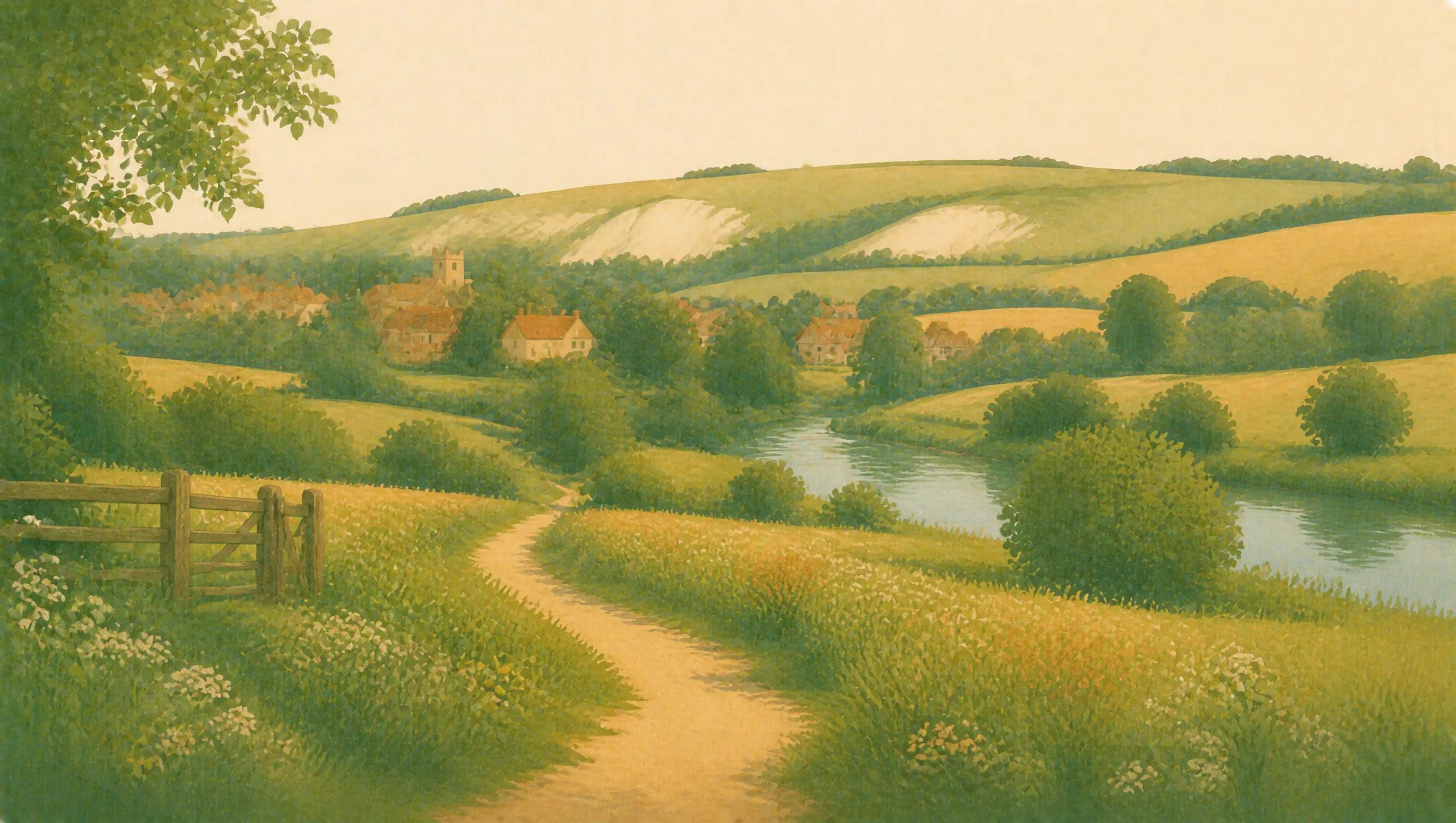 An illustrated Bedfordshire landscape with chalk hills, a winding river, fields and a village path.