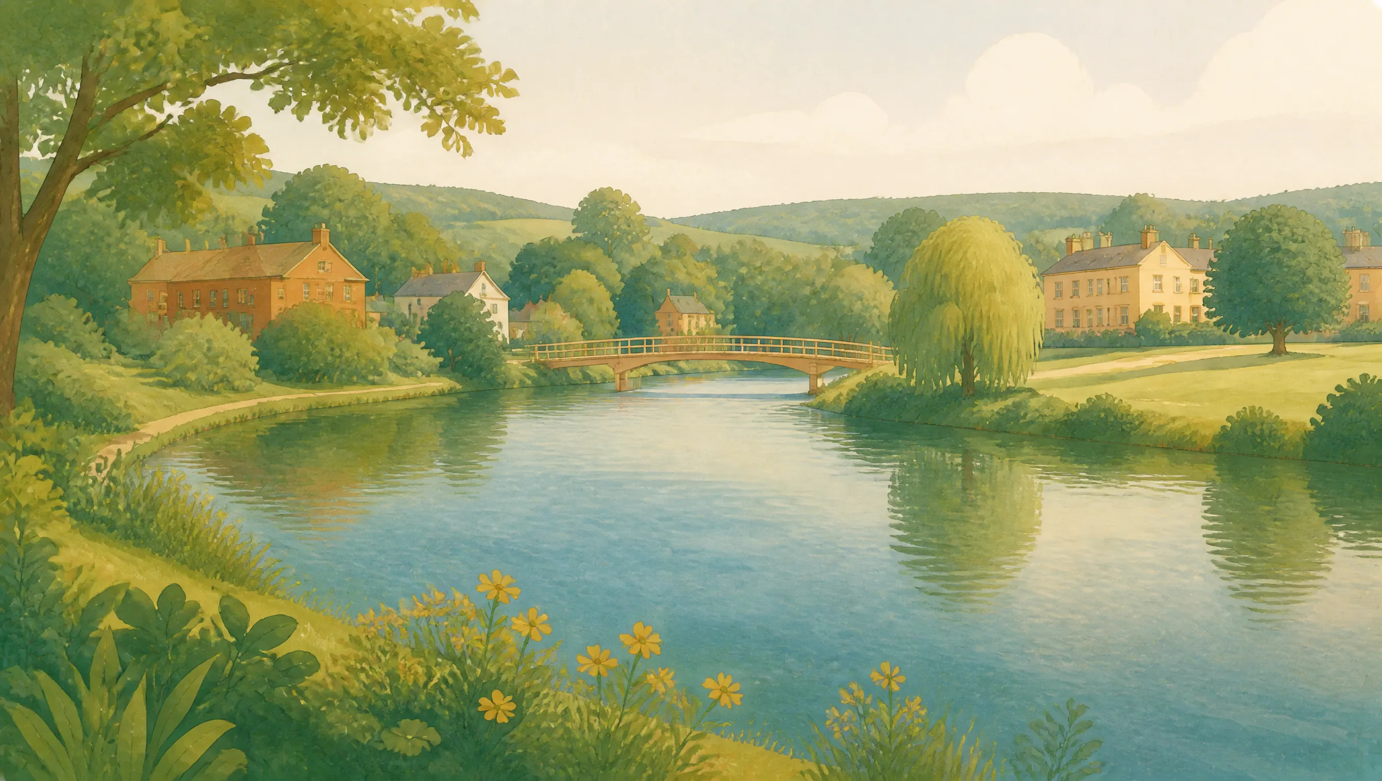 A stylised Berkshire riverside with leafy banks, a small footbridge and buildings among trees.