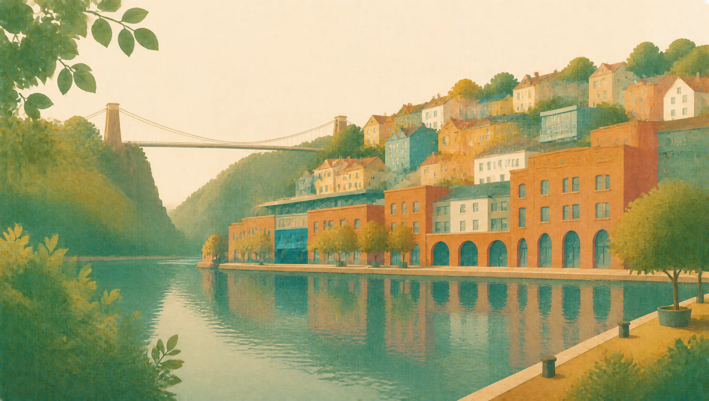 An illustrated Bristol harbour scene with waterside buildings, hillside homes and a suspension bridge.