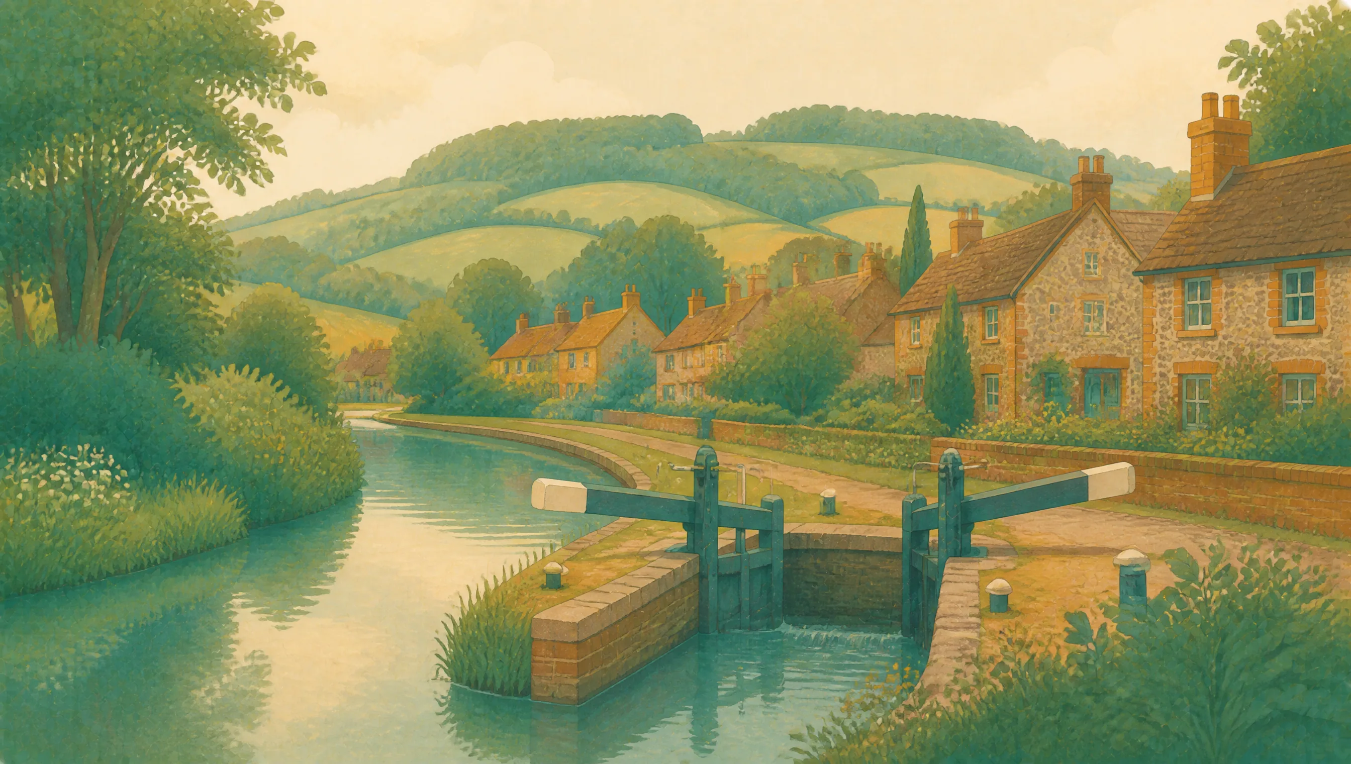 An illustrated Buckinghamshire canal lock bordered by woodland, fields and a small village.
