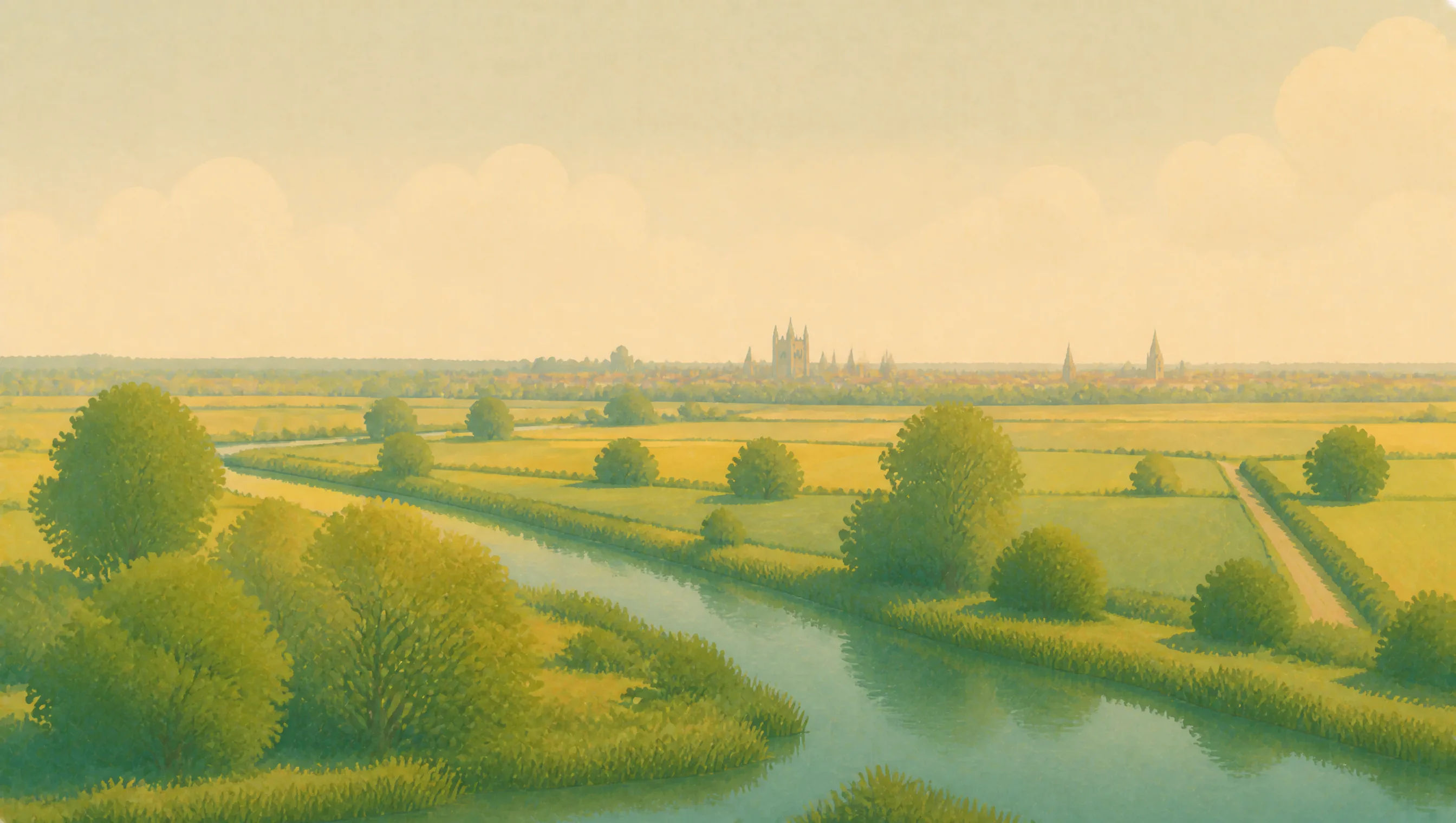 An illustrated Cambridgeshire fen landscape with waterways, open fields and distant college spires.