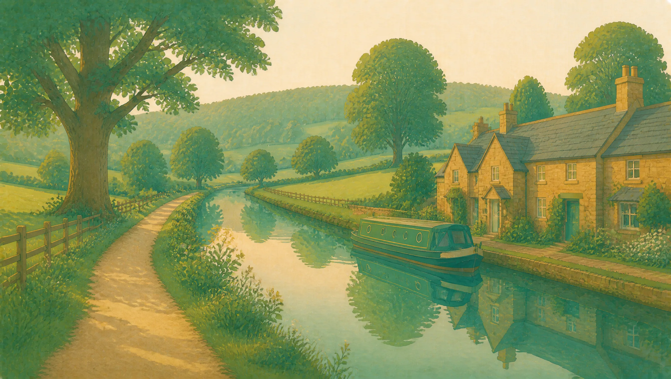 An illustrated Cheshire canal beside a towpath, sandstone cottages, mature trees and rolling fields.