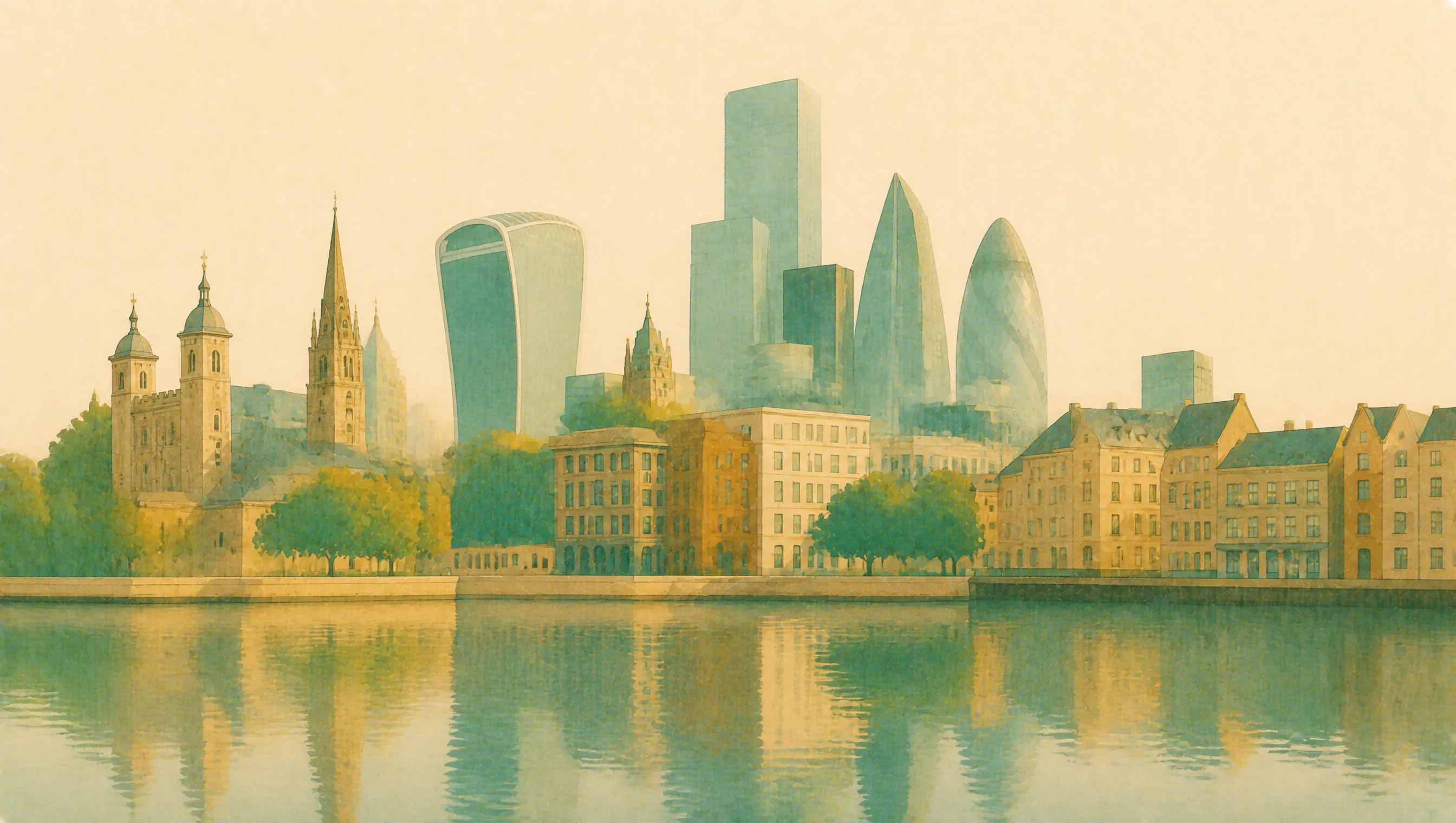 An illustrated City of London skyline combining historic towers, church spires and modern buildings beside the Thames.