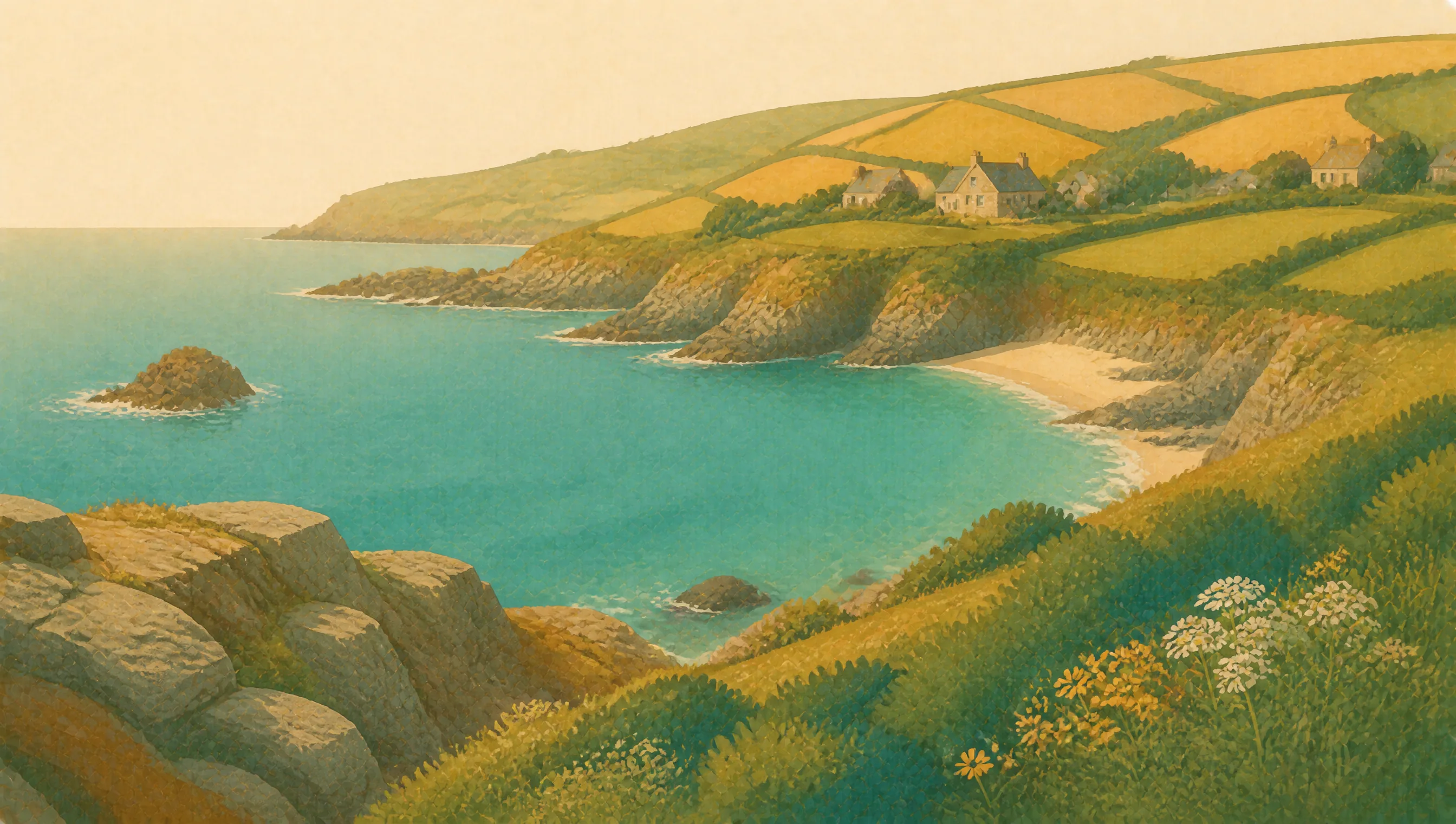 An illustrated Cornish cove with rocky headlands, turquoise water and patchwork fields above the coast.