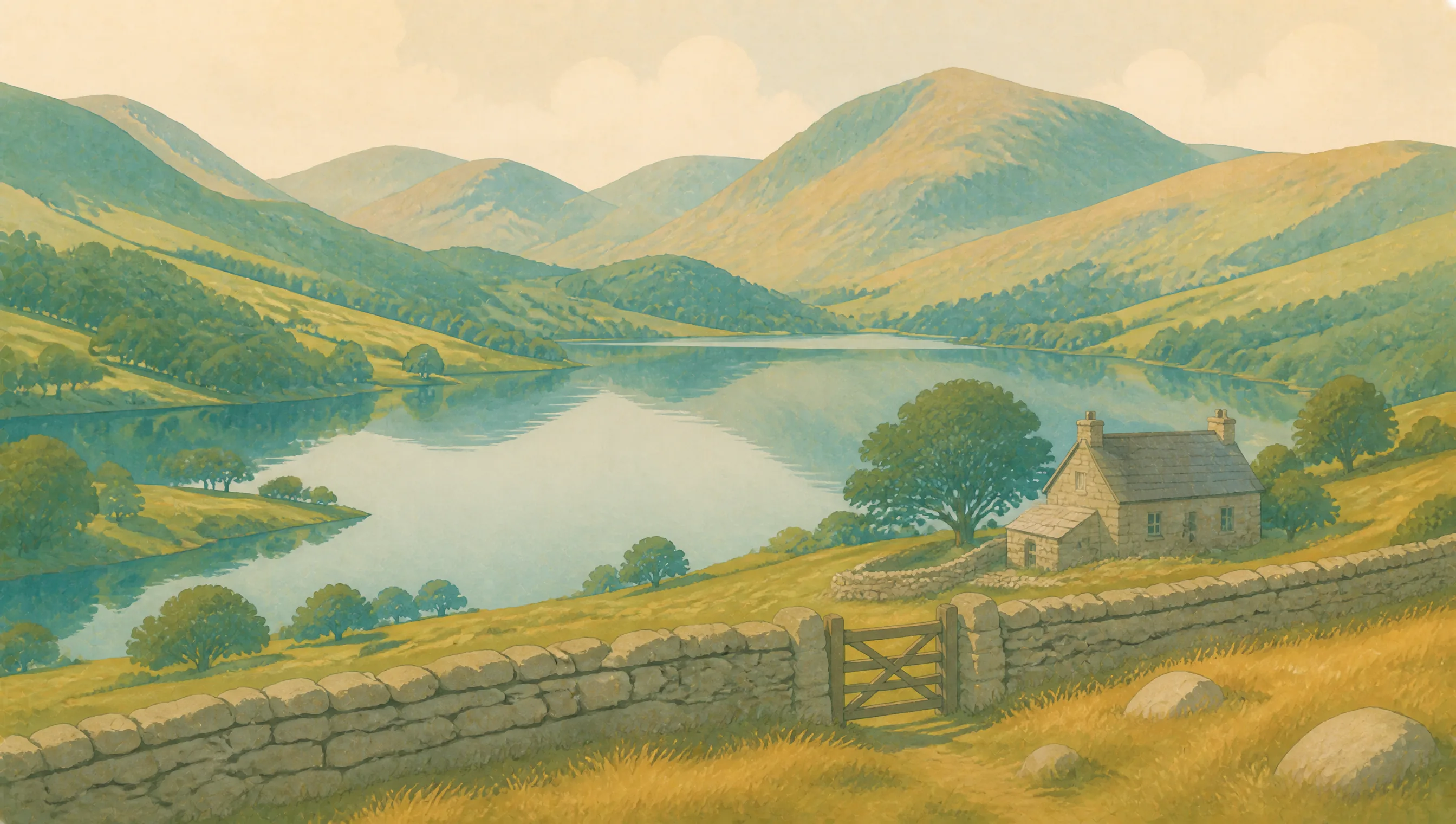 An illustrated Cumbrian lake surrounded by high fells, stone walls and a hillside cottage.