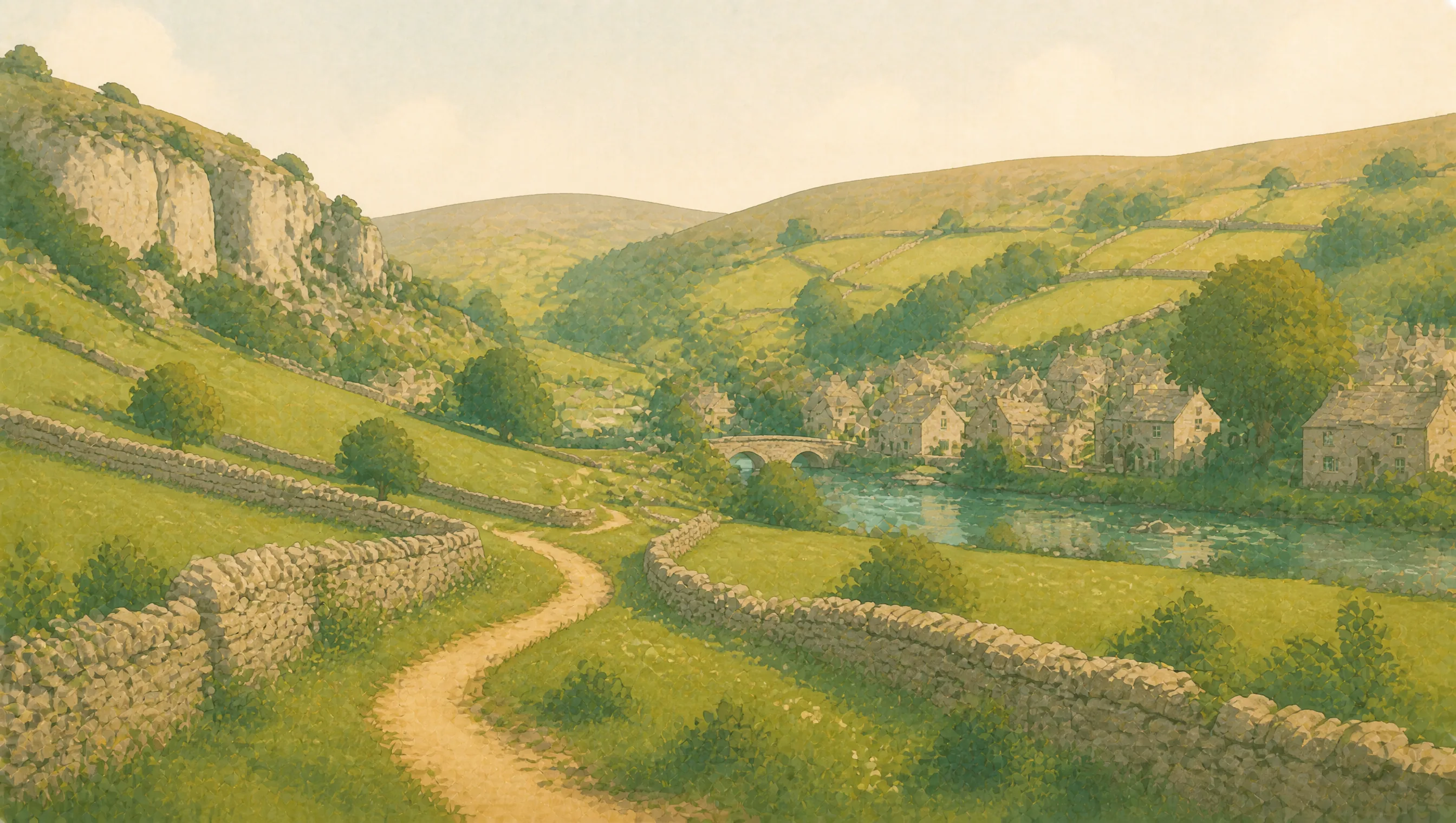 An illustrated Derbyshire limestone valley with dry-stone walls, a winding path and a riverside village.