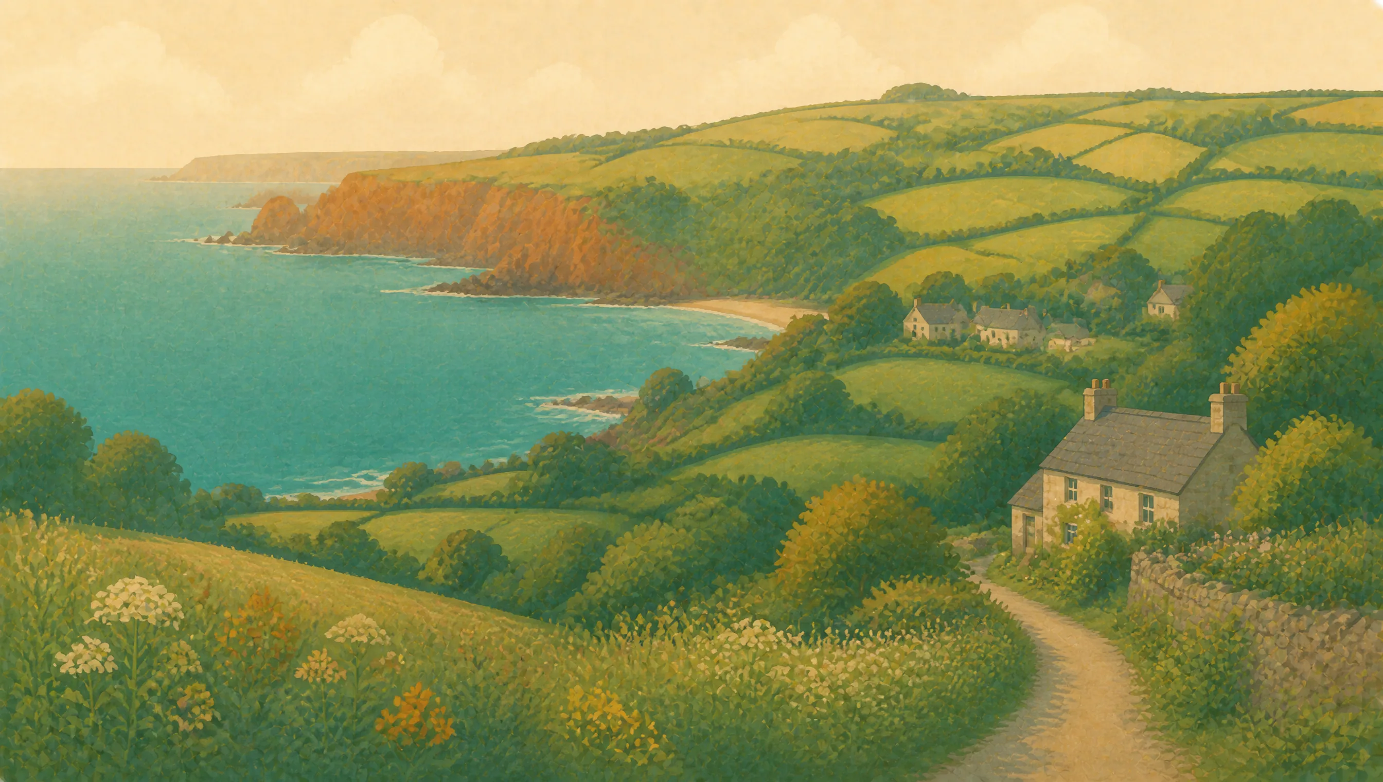 An illustrated Devon landscape of wooded fields, stone cottages and a sheltered coastline.