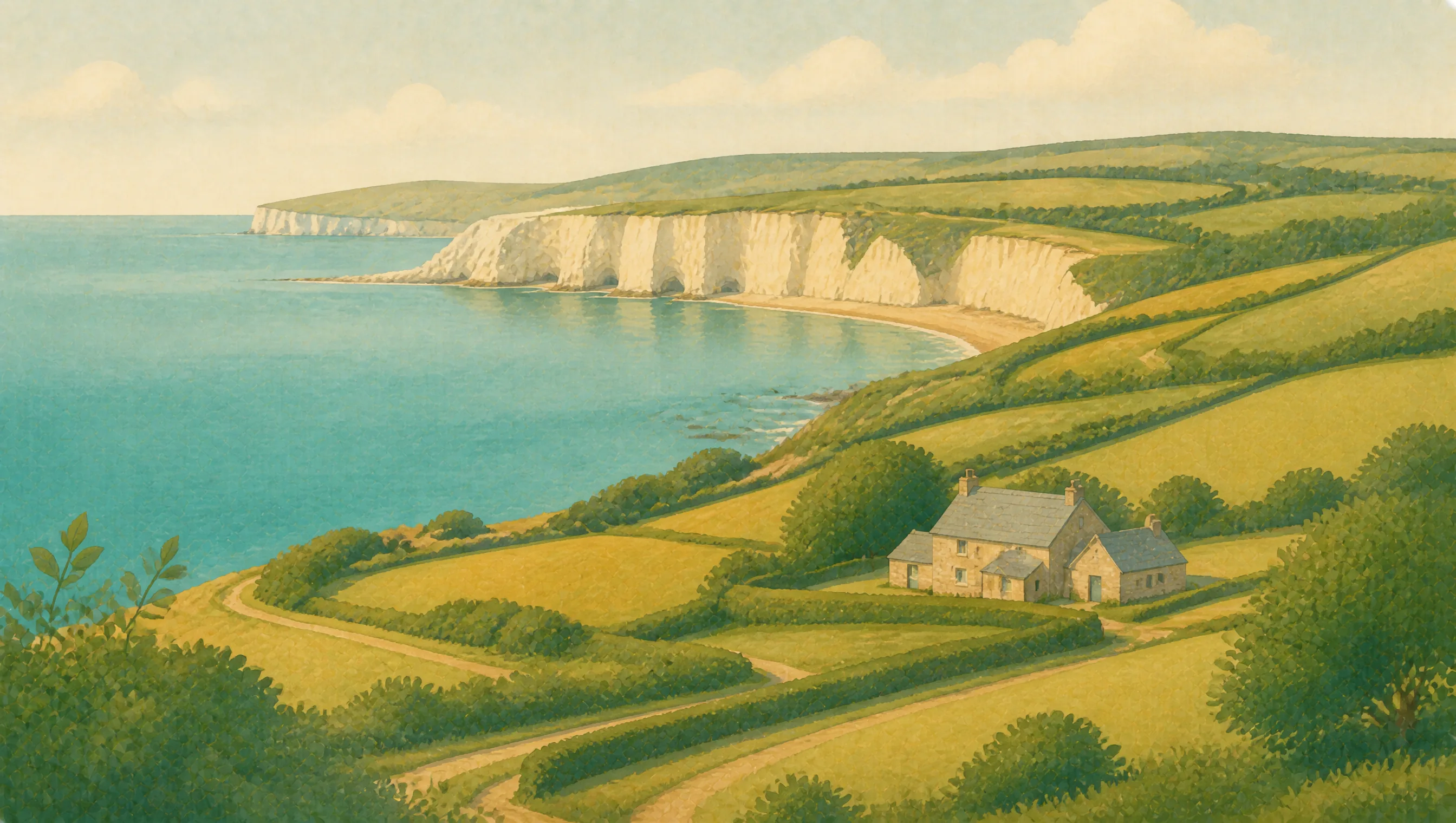 An illustrated Dorset coast with white chalk cliffs, patchwork farmland and stone farm buildings.