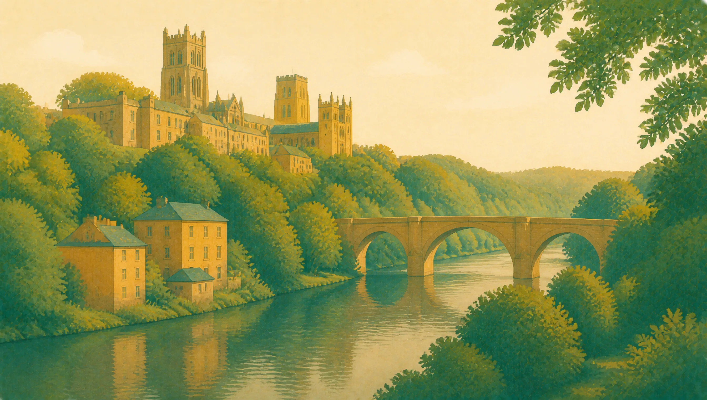 An illustrated Durham riverscape with the cathedral above trees, old buildings and an arched stone bridge.