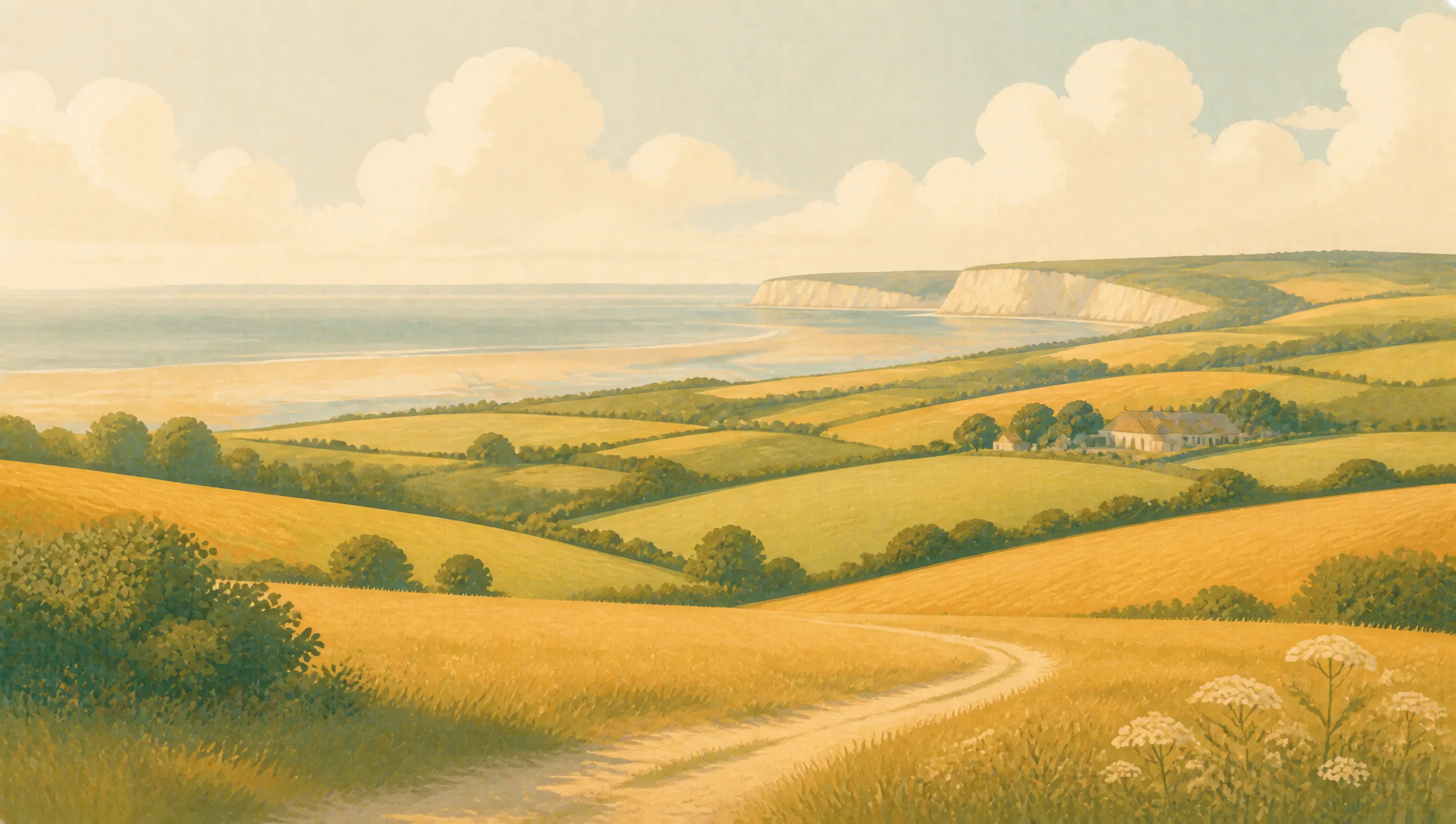 An illustrated East Riding landscape of rolling fields descending towards a broad bay and pale coastal cliffs.