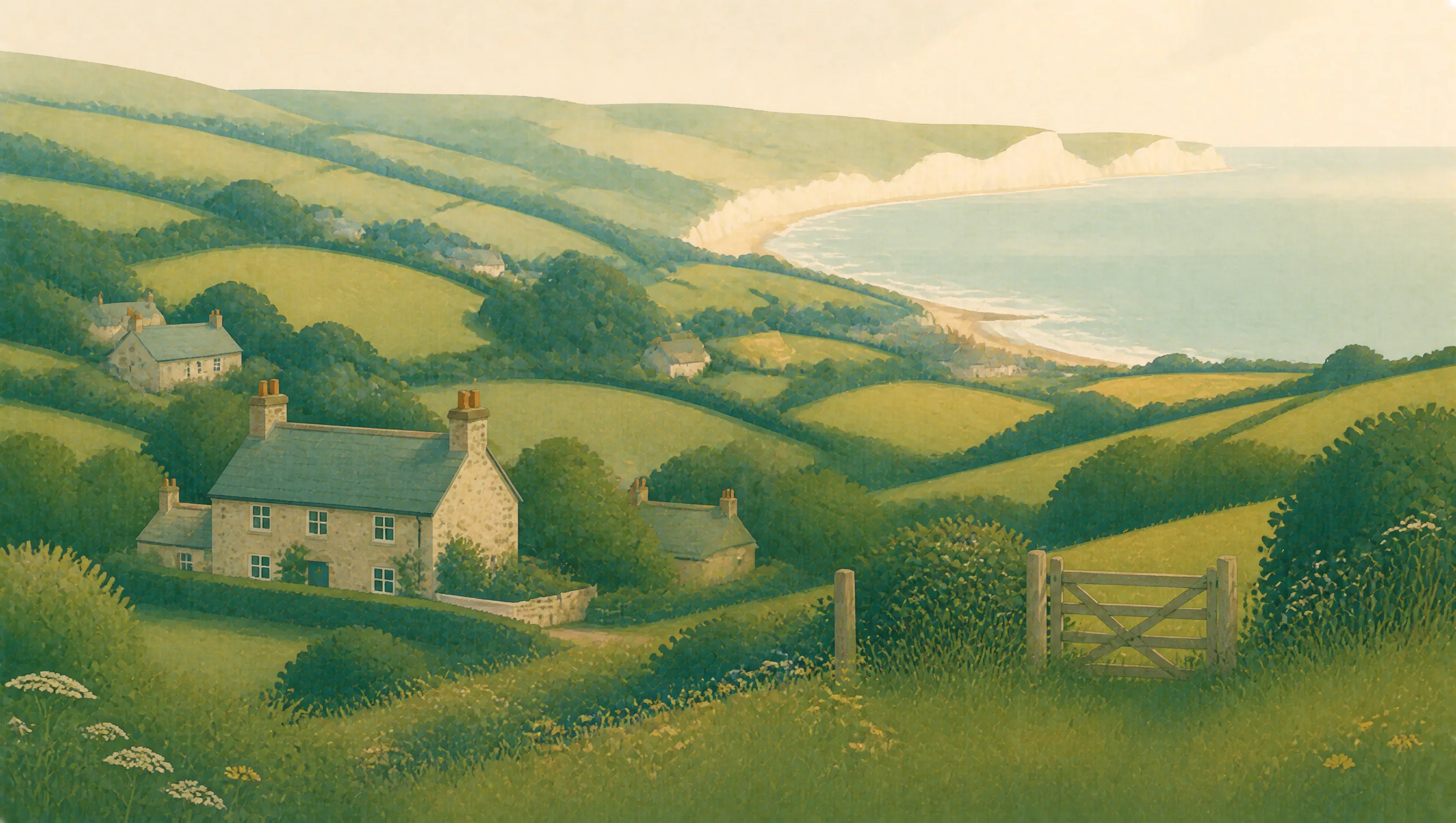 An illustrated East Sussex landscape with flint cottages, green hills and a curving chalk coastline.