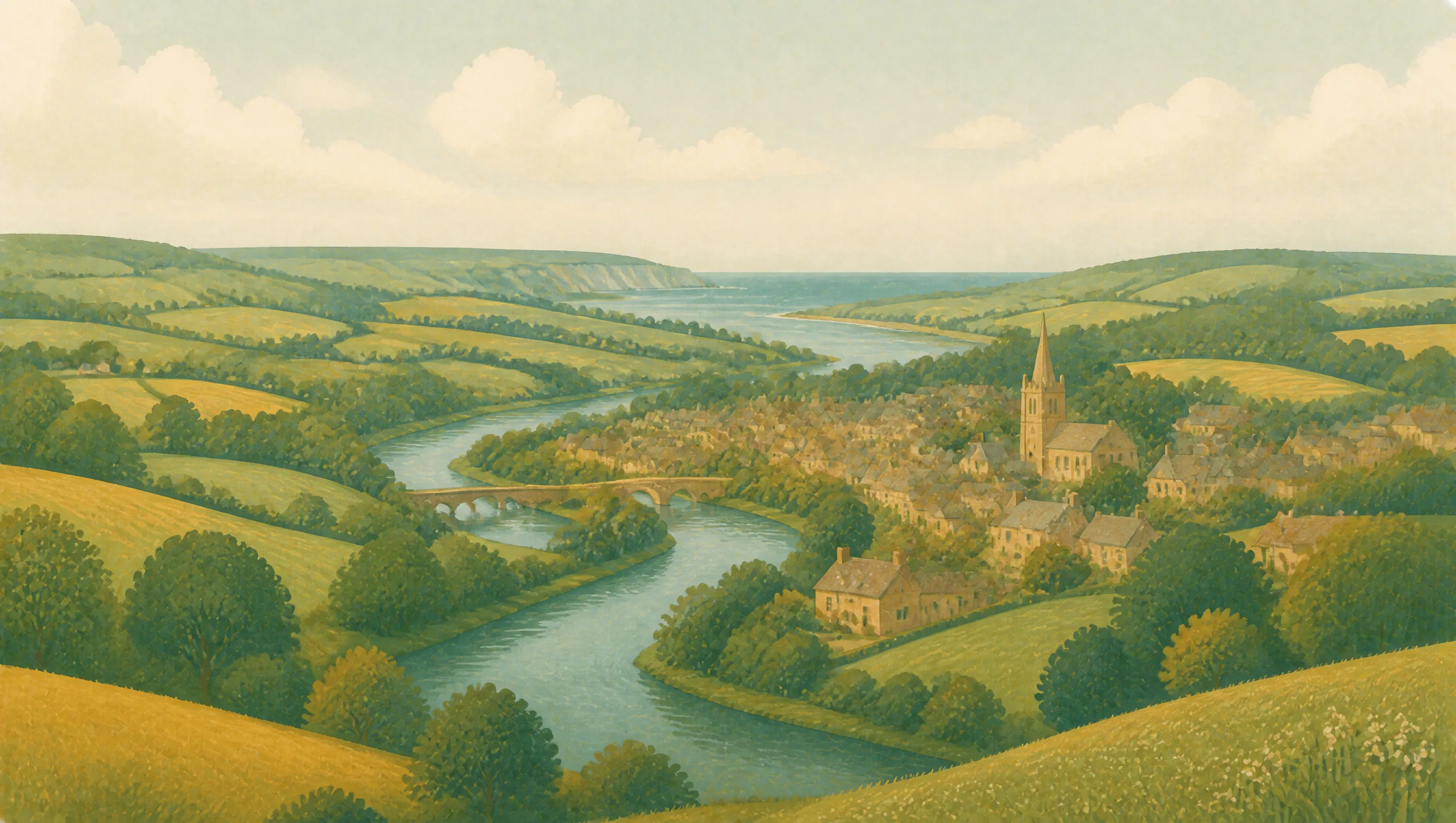 A warm illustrated English landscape of a river valley, market town, fields and distant coast.