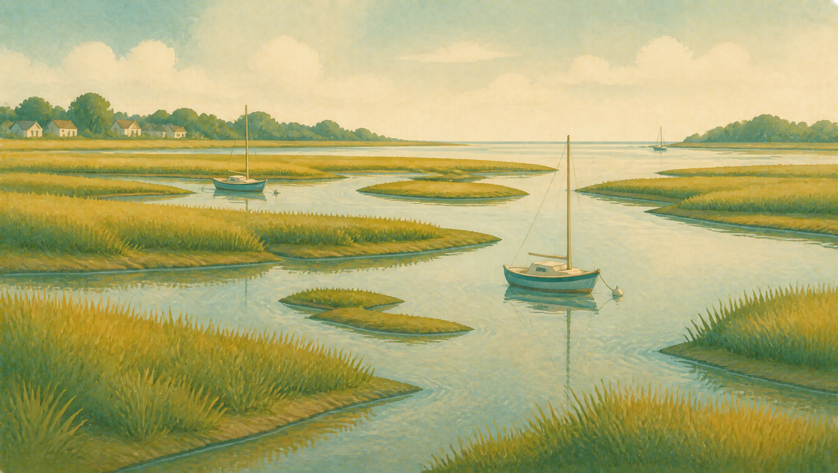 An illustrated Essex estuary with salt-marsh grasses, winding tidal creeks and small sailing boats.