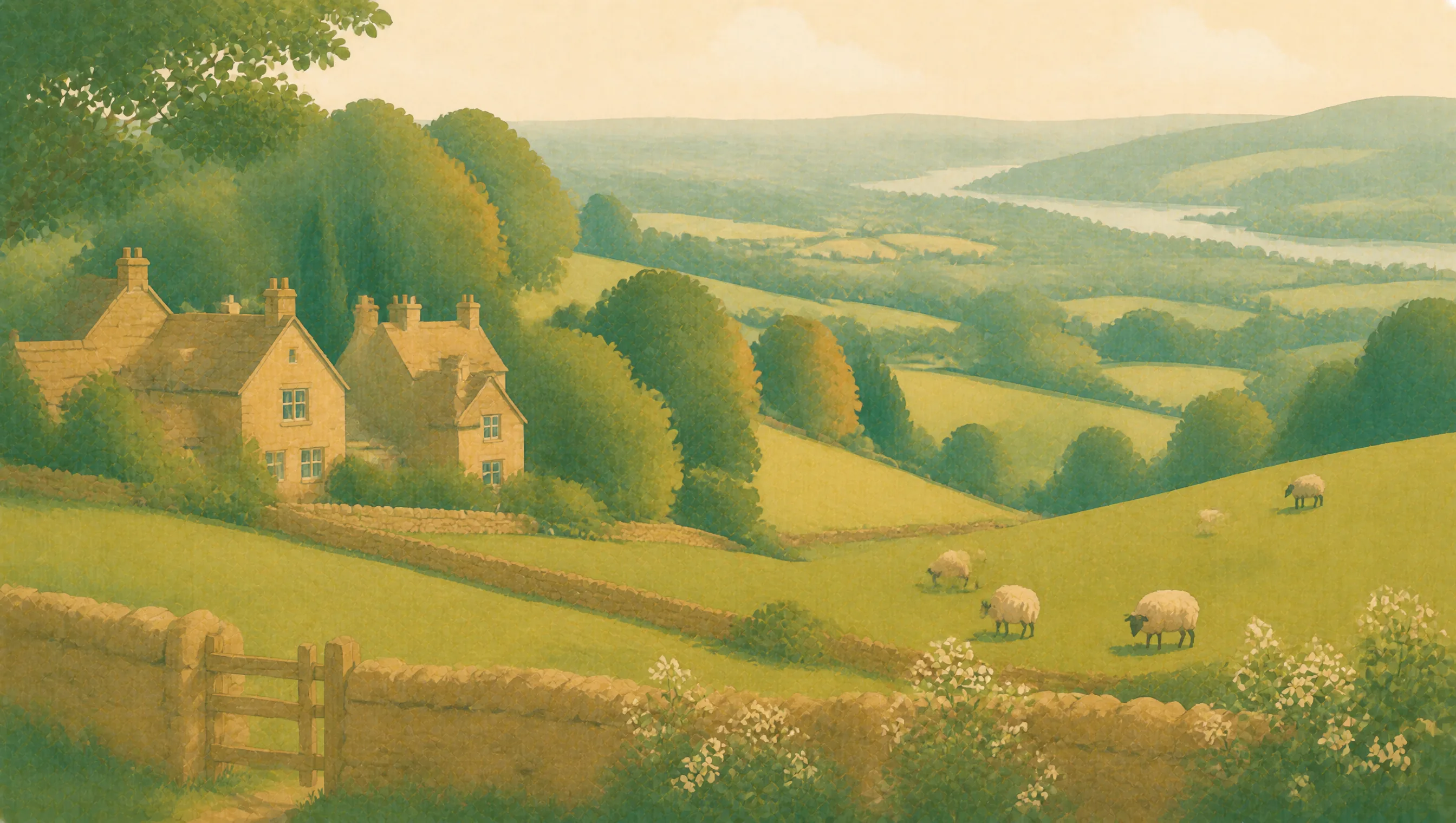 An illustrated Gloucestershire landscape of warm stone cottages, pasture, wooded hills and a broad distant valley.
