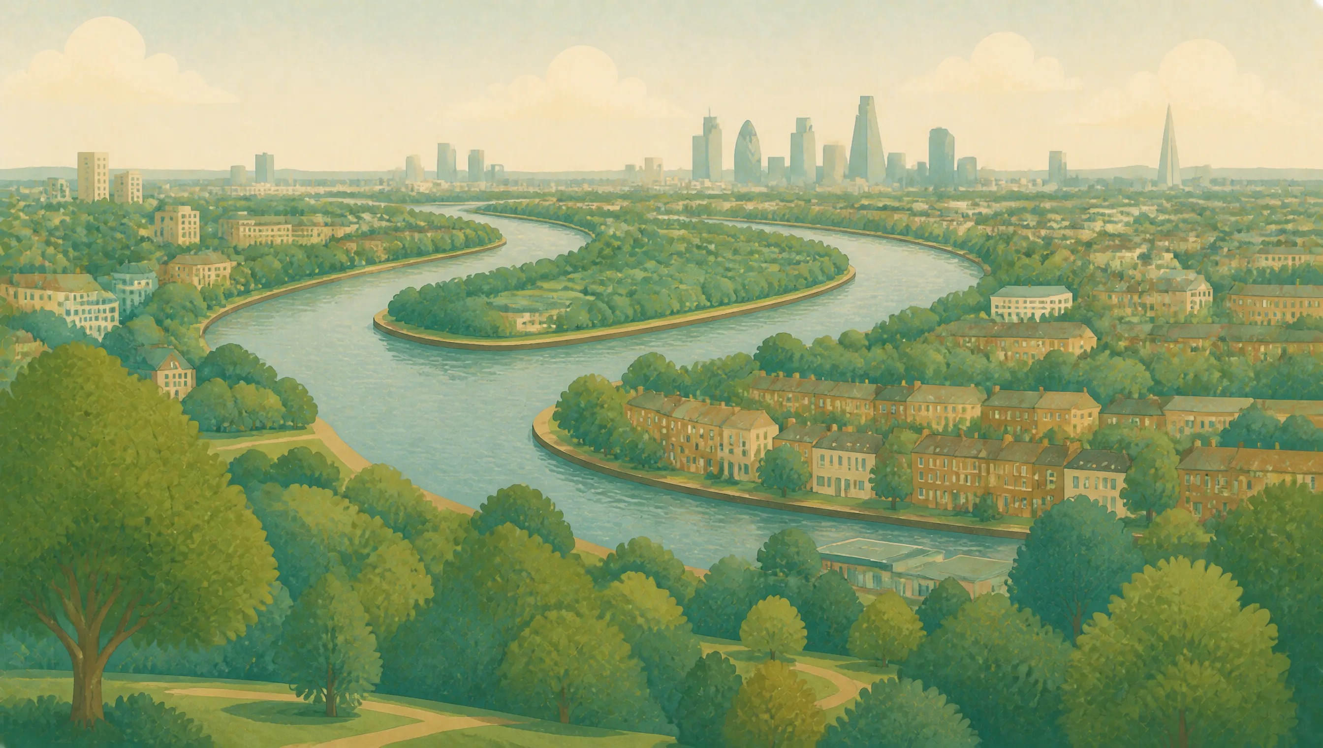 An illustrated Greater London view of the Thames winding through leafy neighbourhoods towards the central skyline.