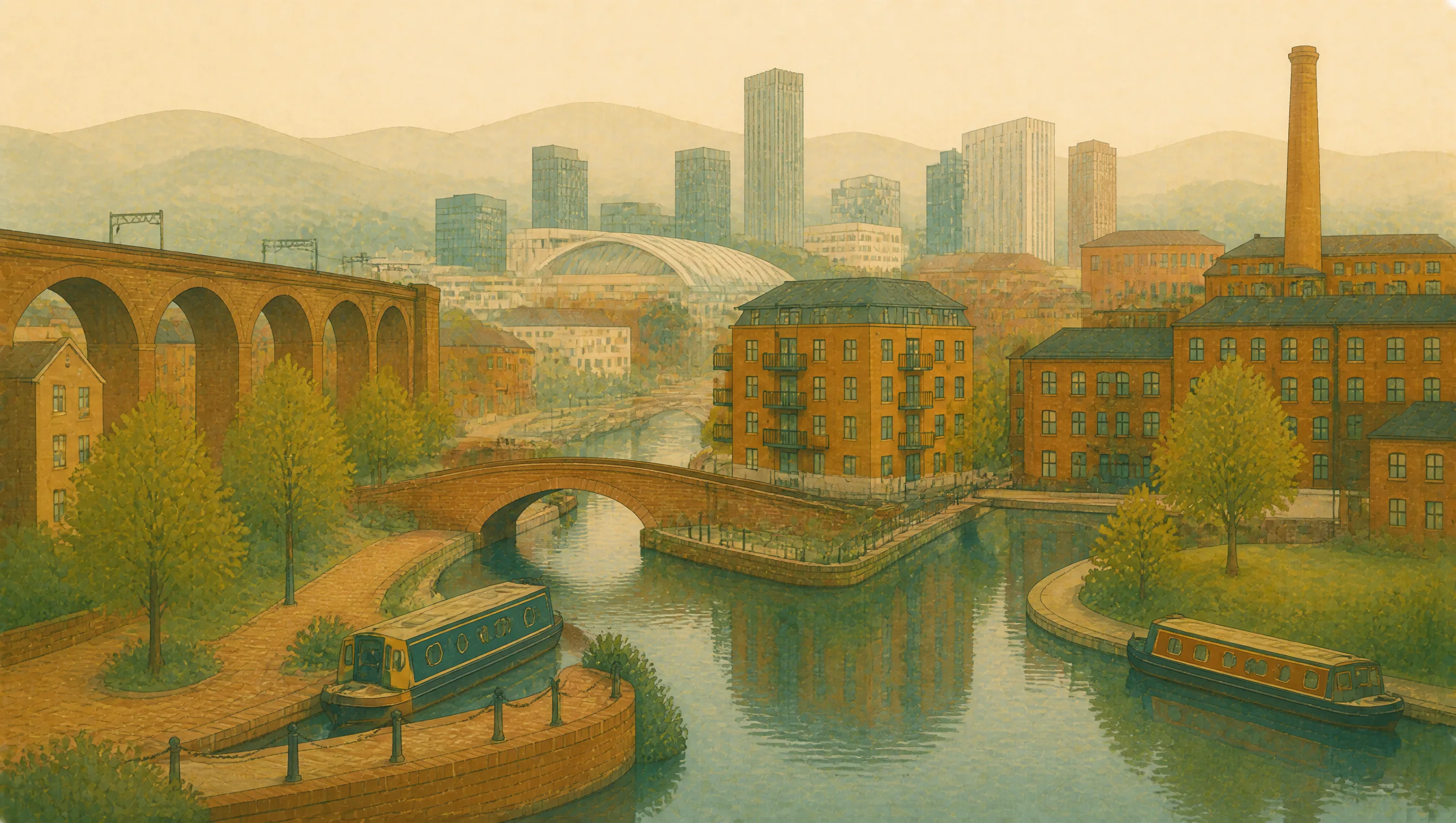 An illustrated Greater Manchester canal basin with red-brick mills, a railway viaduct and a modern skyline.