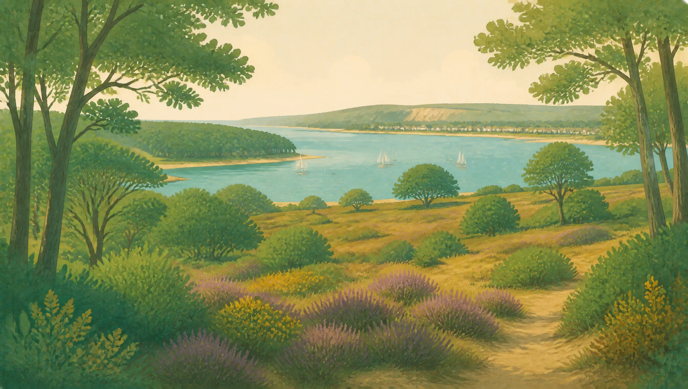 A stylised Hampshire landscape with woodland, heath and a sheltered harbour crossed by small sailing boats.