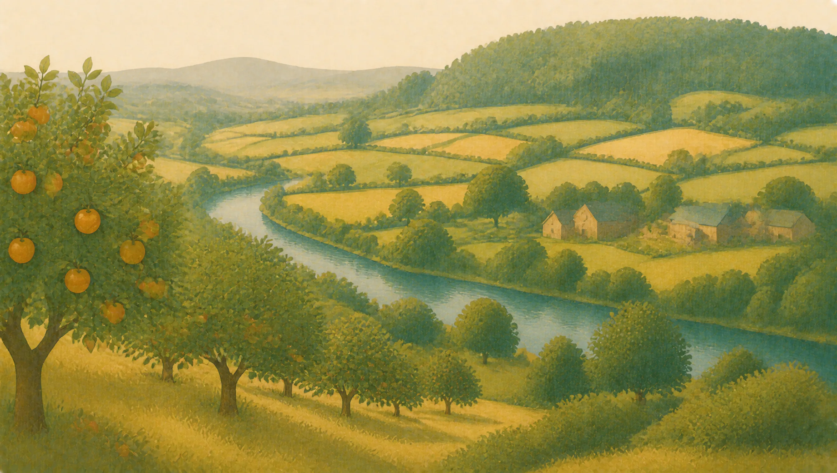 An illustrated Herefordshire landscape with apple orchards, the River Wye, patchwork fields and wooded hills.
