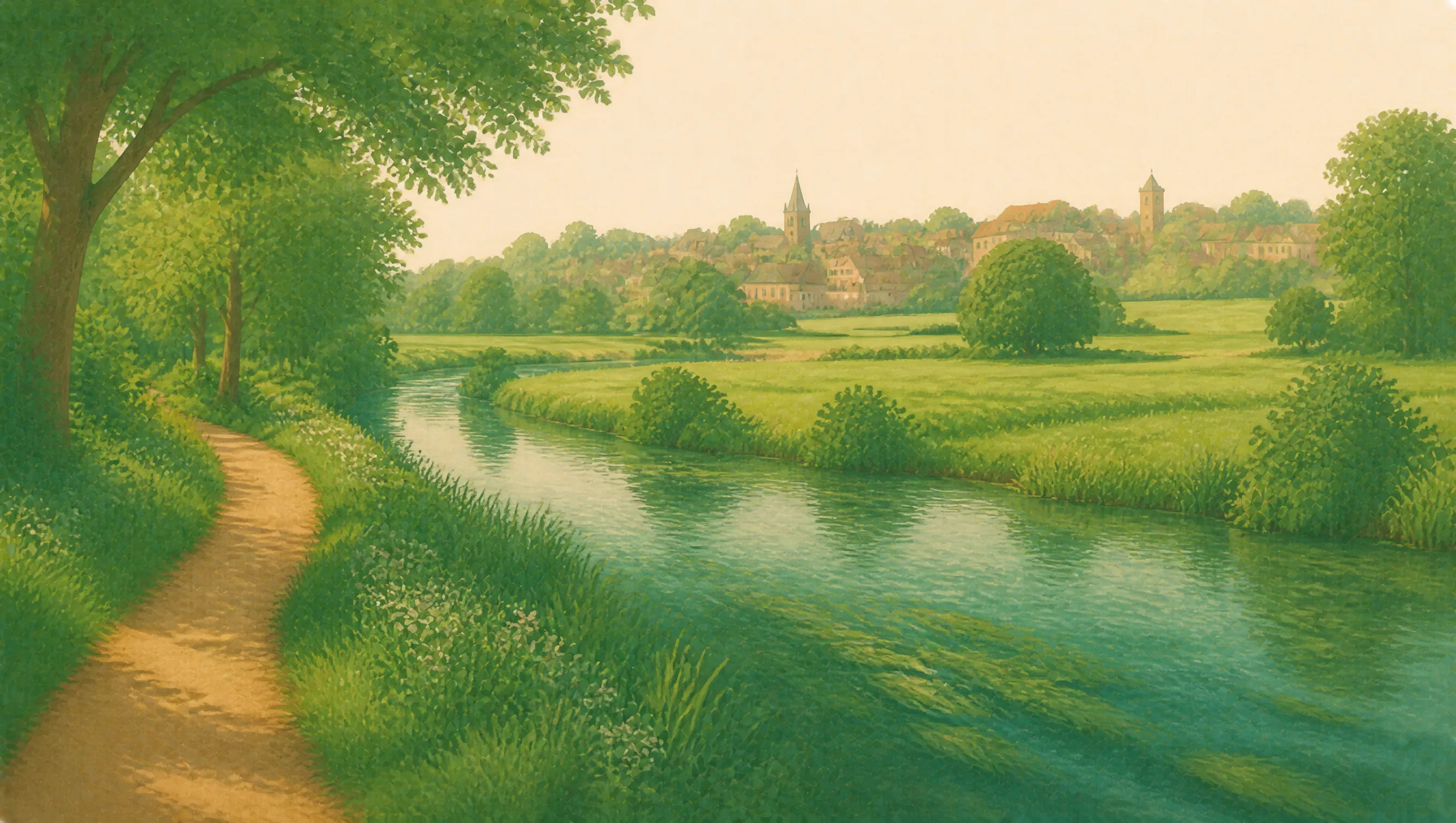 An illustrated Hertfordshire chalk stream beside a riverside path, green meadows and a small town.