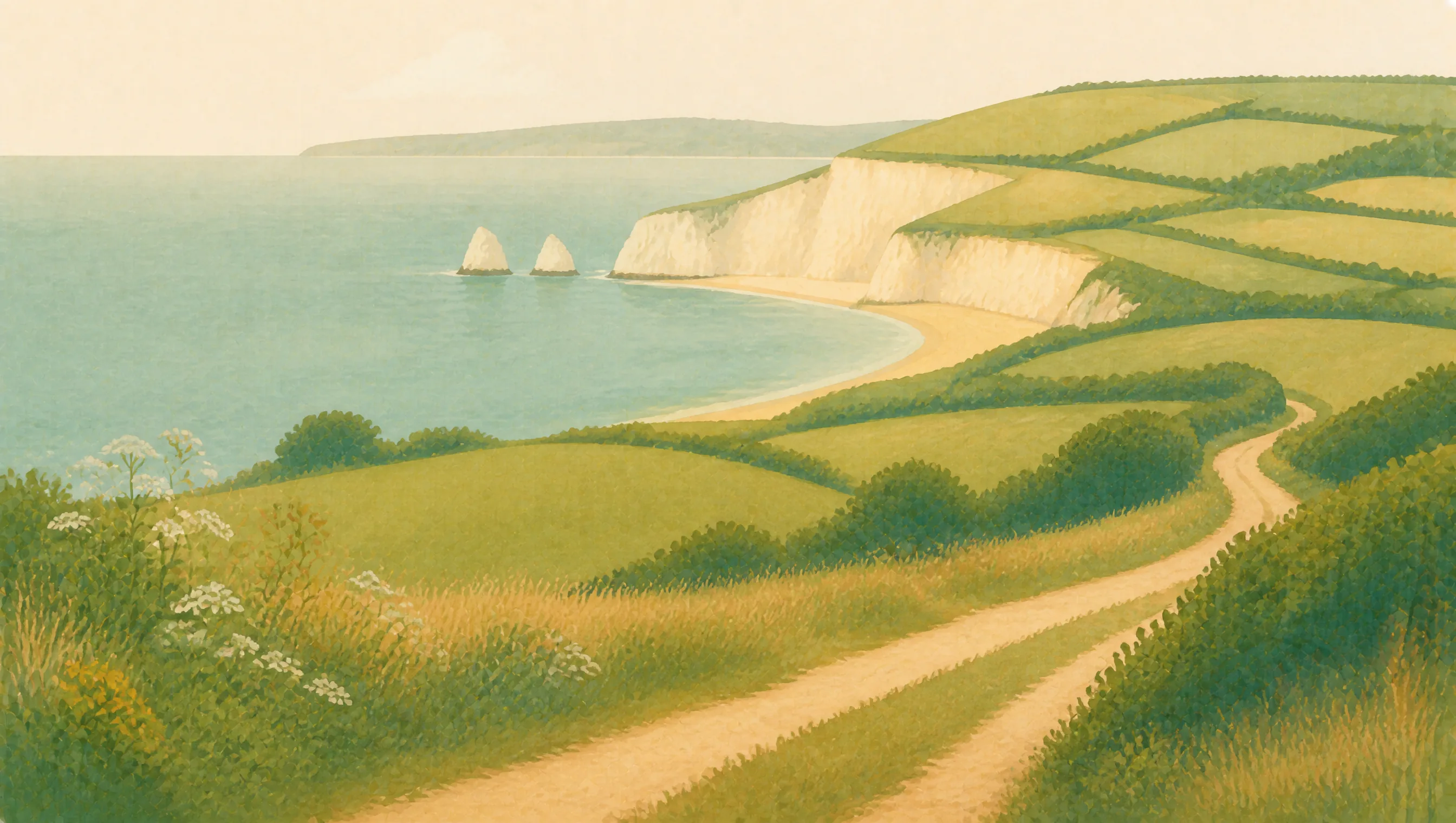 An illustrated Isle of Wight coast with white cliffs, offshore chalk stacks and a path through green fields.
