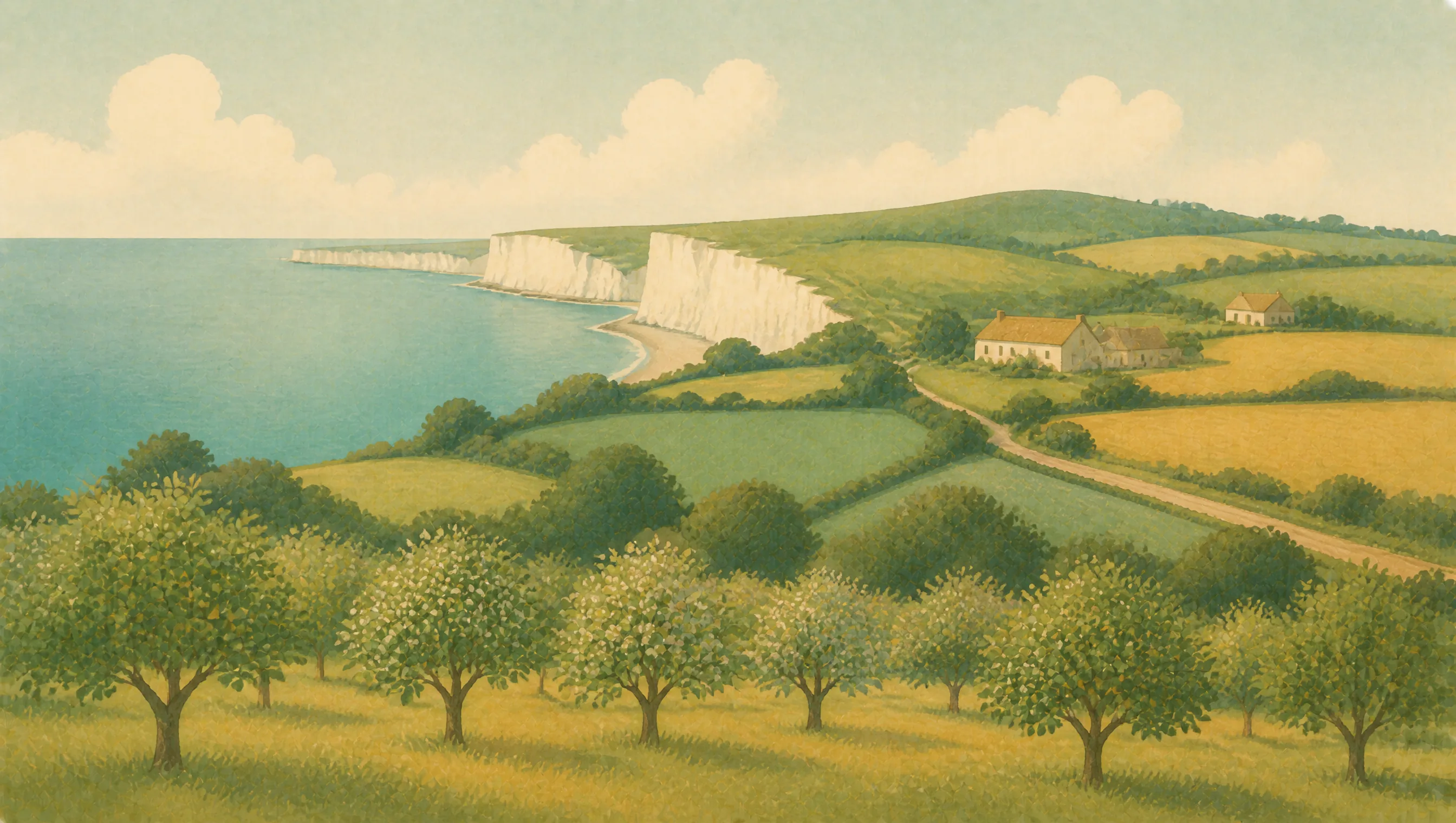 A stylised Kent landscape with chalk cliffs, calm sea, green fields and an orchard.