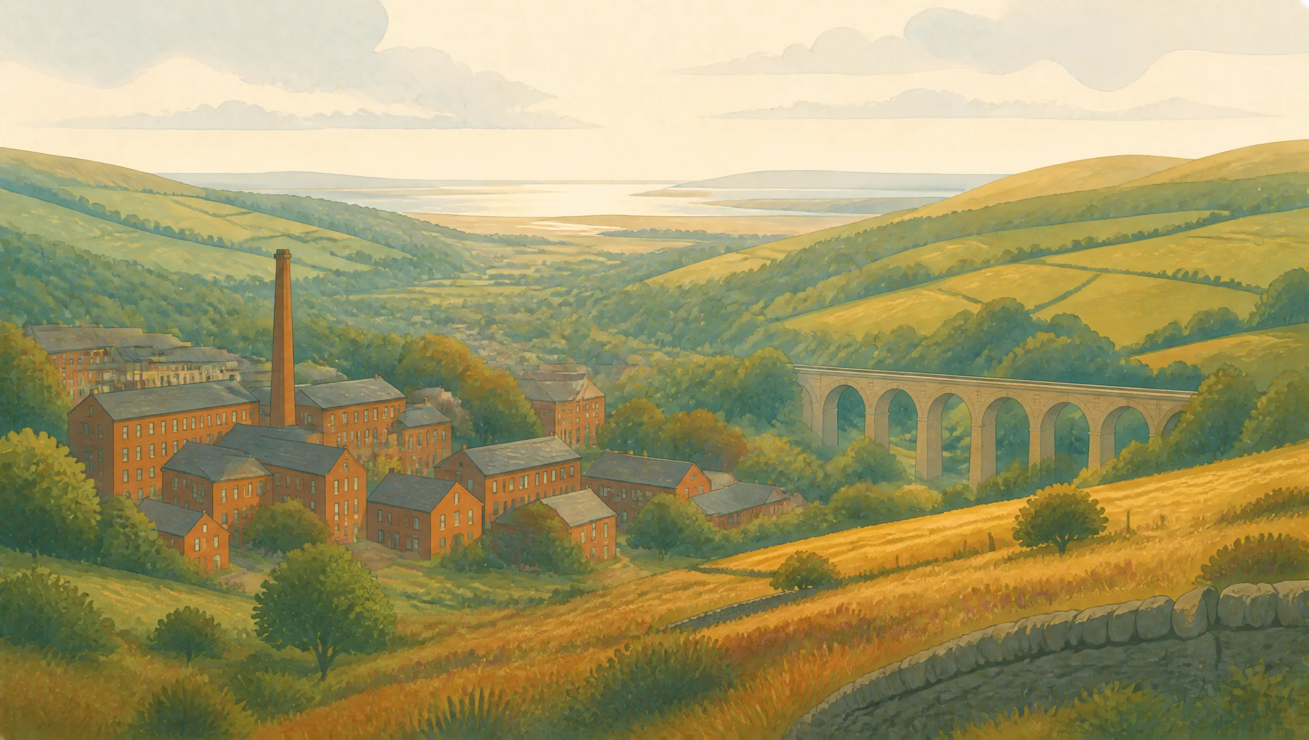 An illustrated Lancashire valley with red-brick mills, a stone railway viaduct and moorland hills.