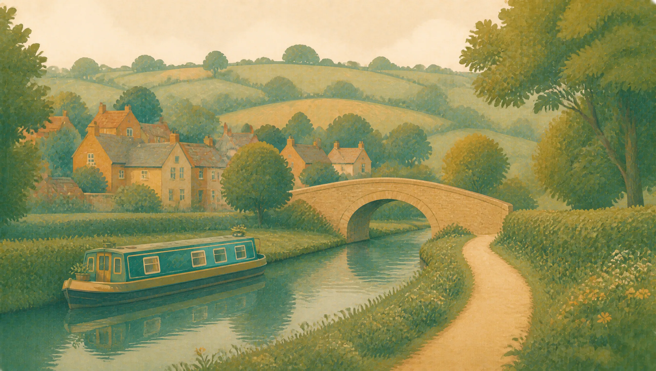 An illustrated Leicestershire canal with a narrowboat, stone bridge, warm-stone village and rolling countryside.