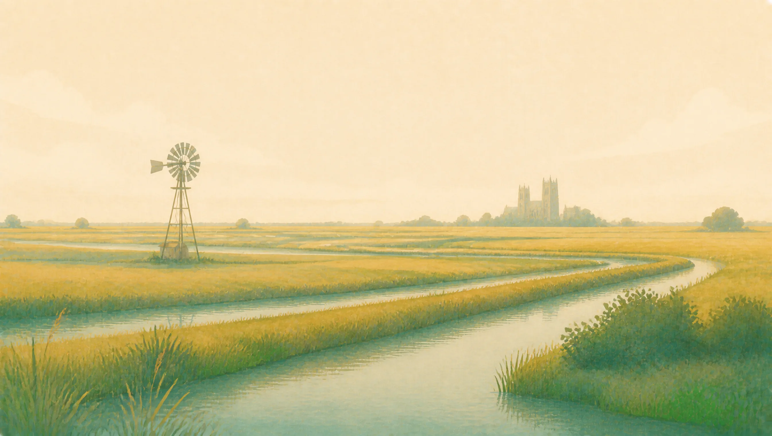 An illustrated Lincolnshire fen landscape with drainage channels, a wind pump and a distant cathedral.