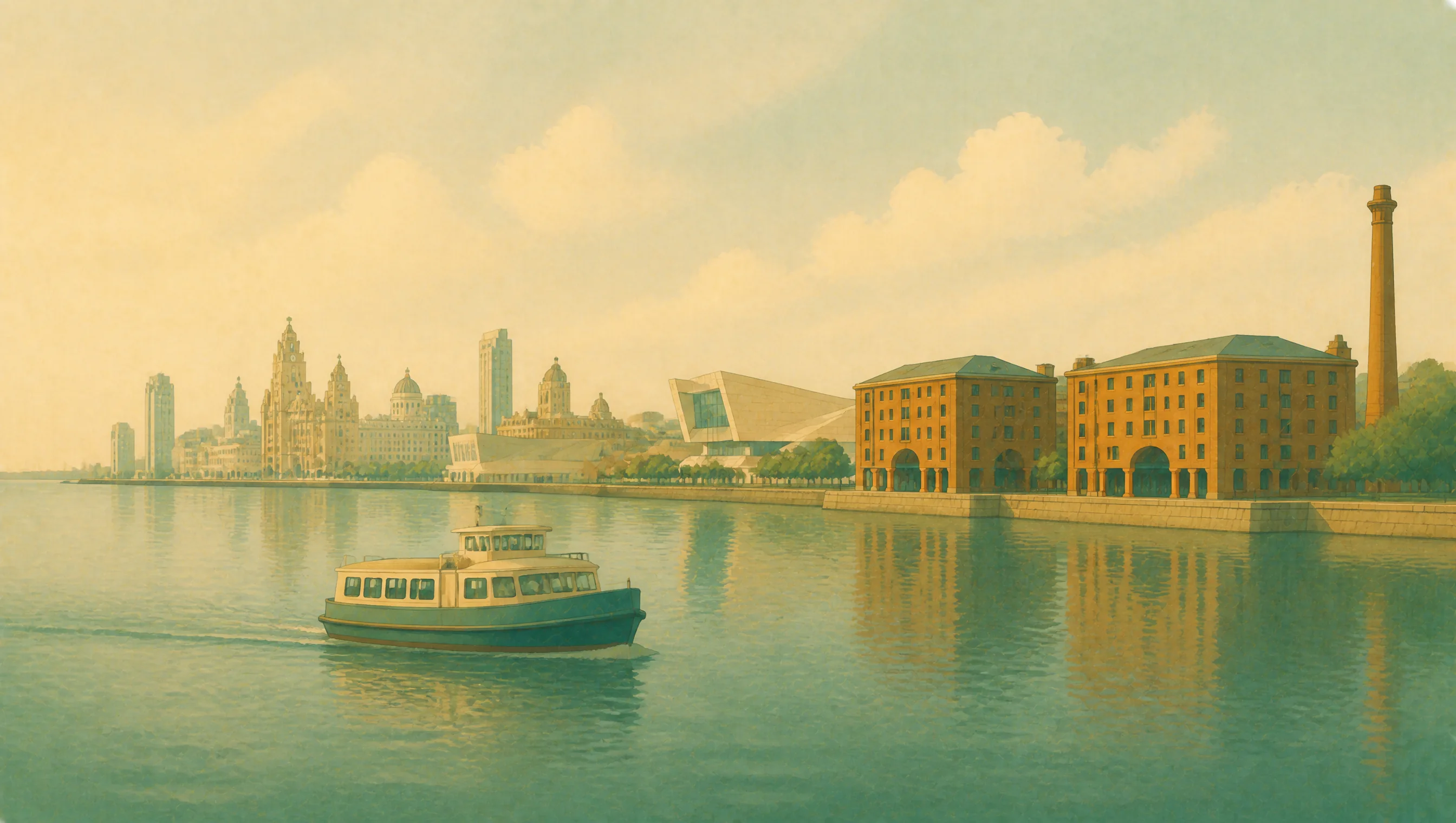 An illustrated Merseyside waterfront with a ferry, historic dock buildings and the Liverpool skyline.