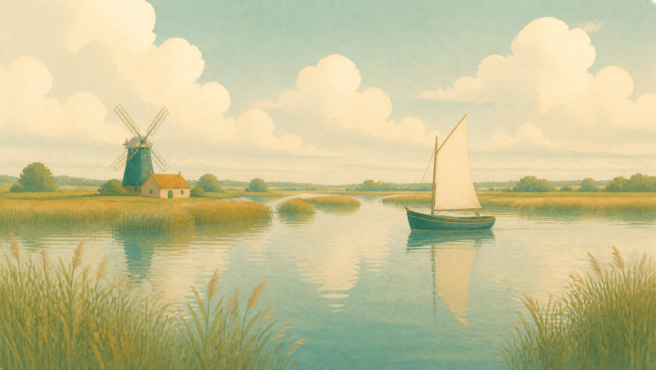 An illustrated Norfolk Broads scene with reedbeds, open water, a sailing boat and a traditional drainage mill.