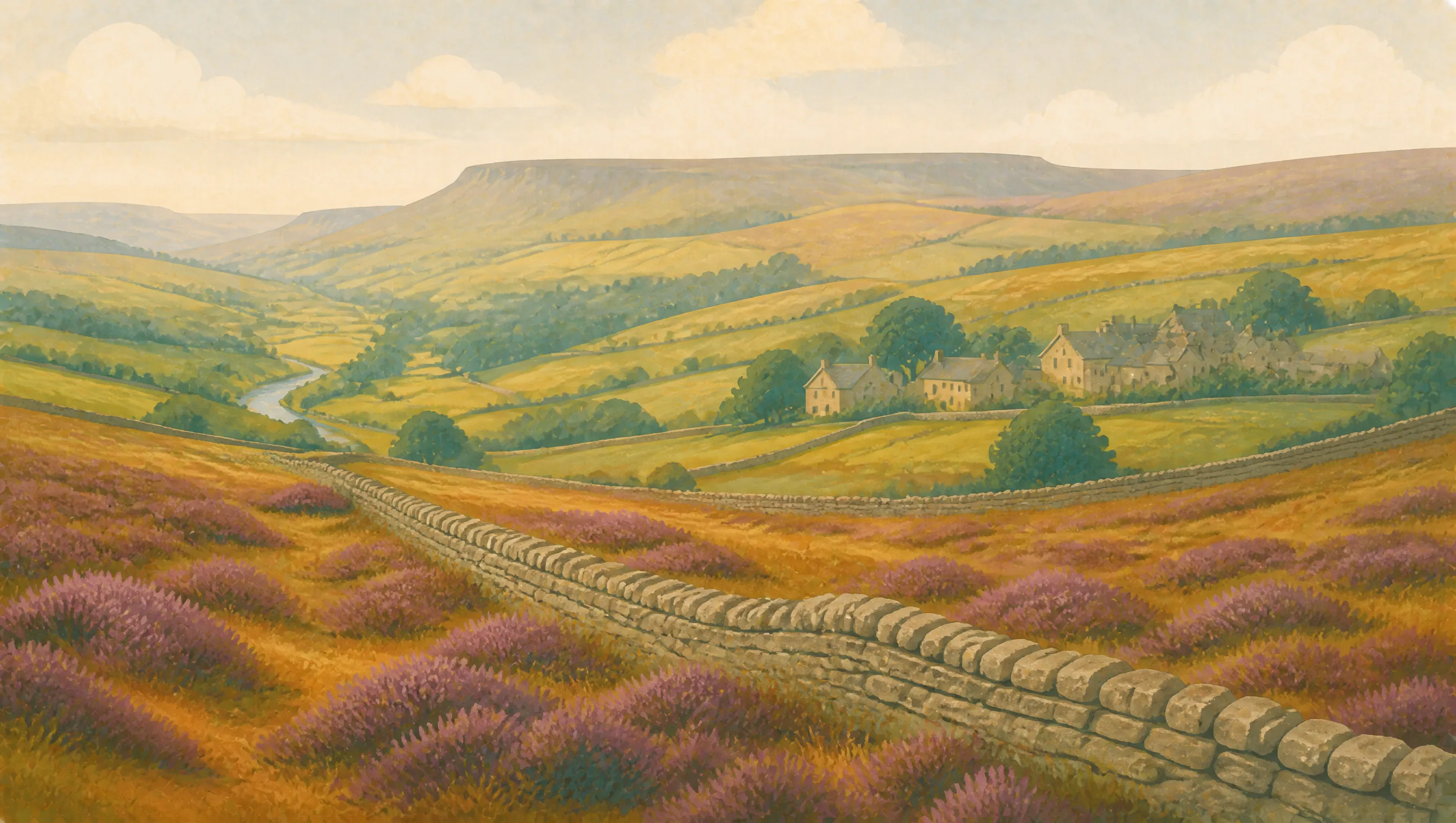 An illustrated North Yorkshire landscape of heather moorland, dry-stone walls, a winding dale and a village.